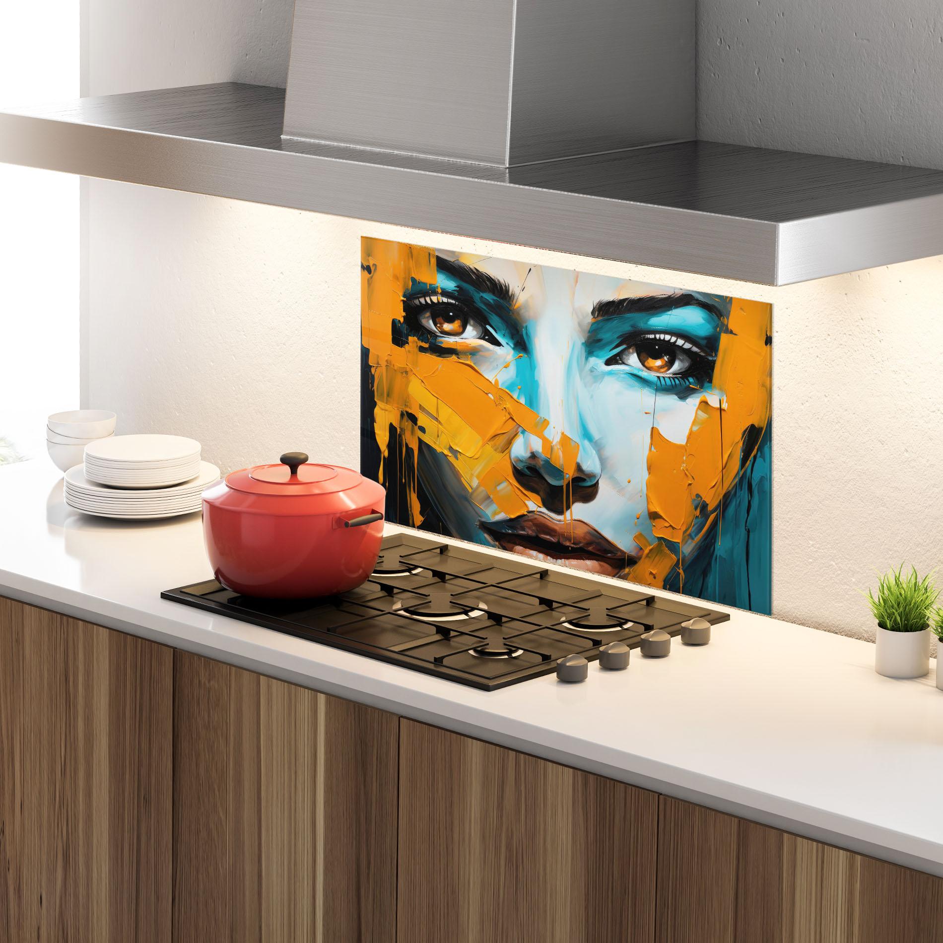 Küchenrückwand Glas Orange Paint Portrait mockup 4