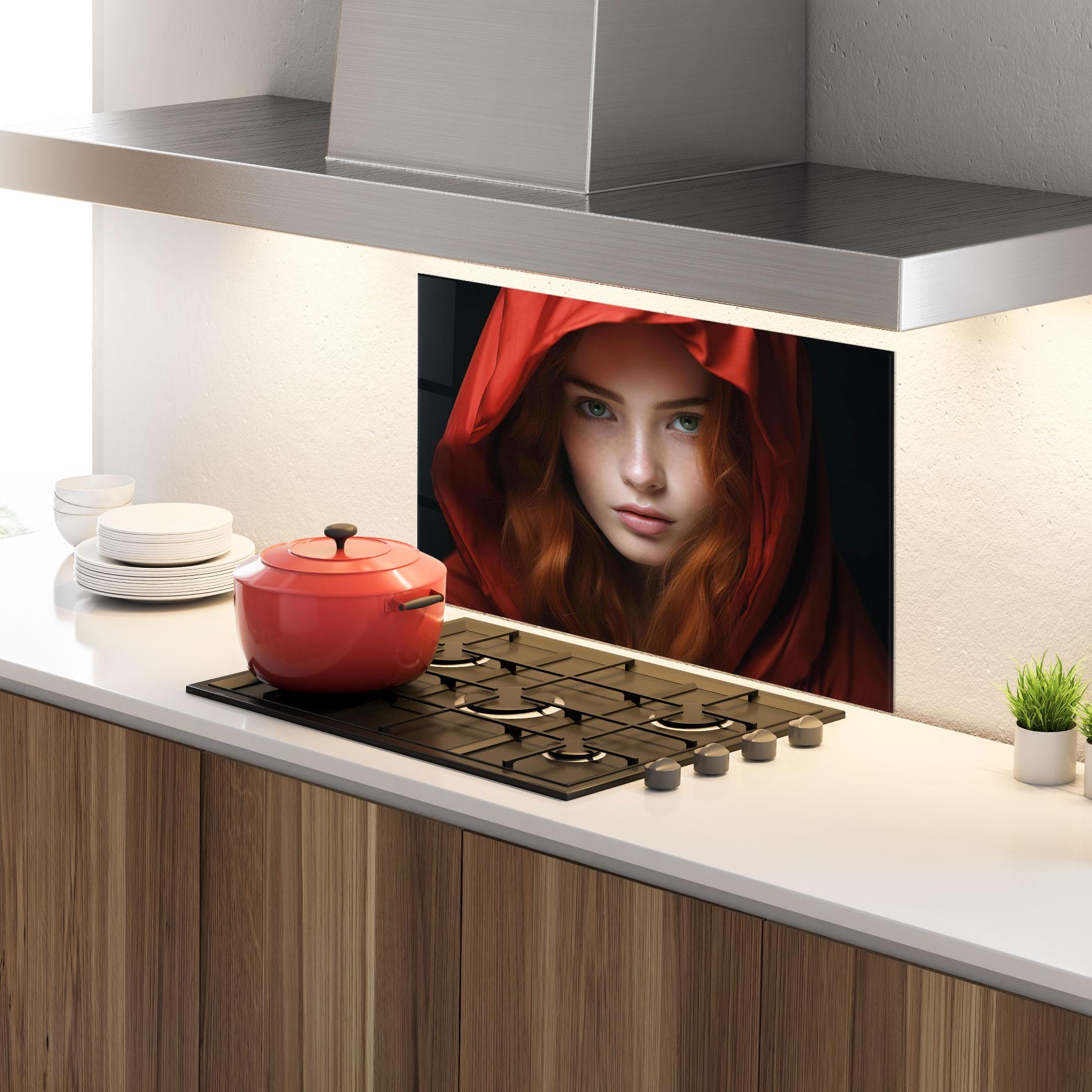 Küchenrückwand Glas Red Hood Portrait mockup 4