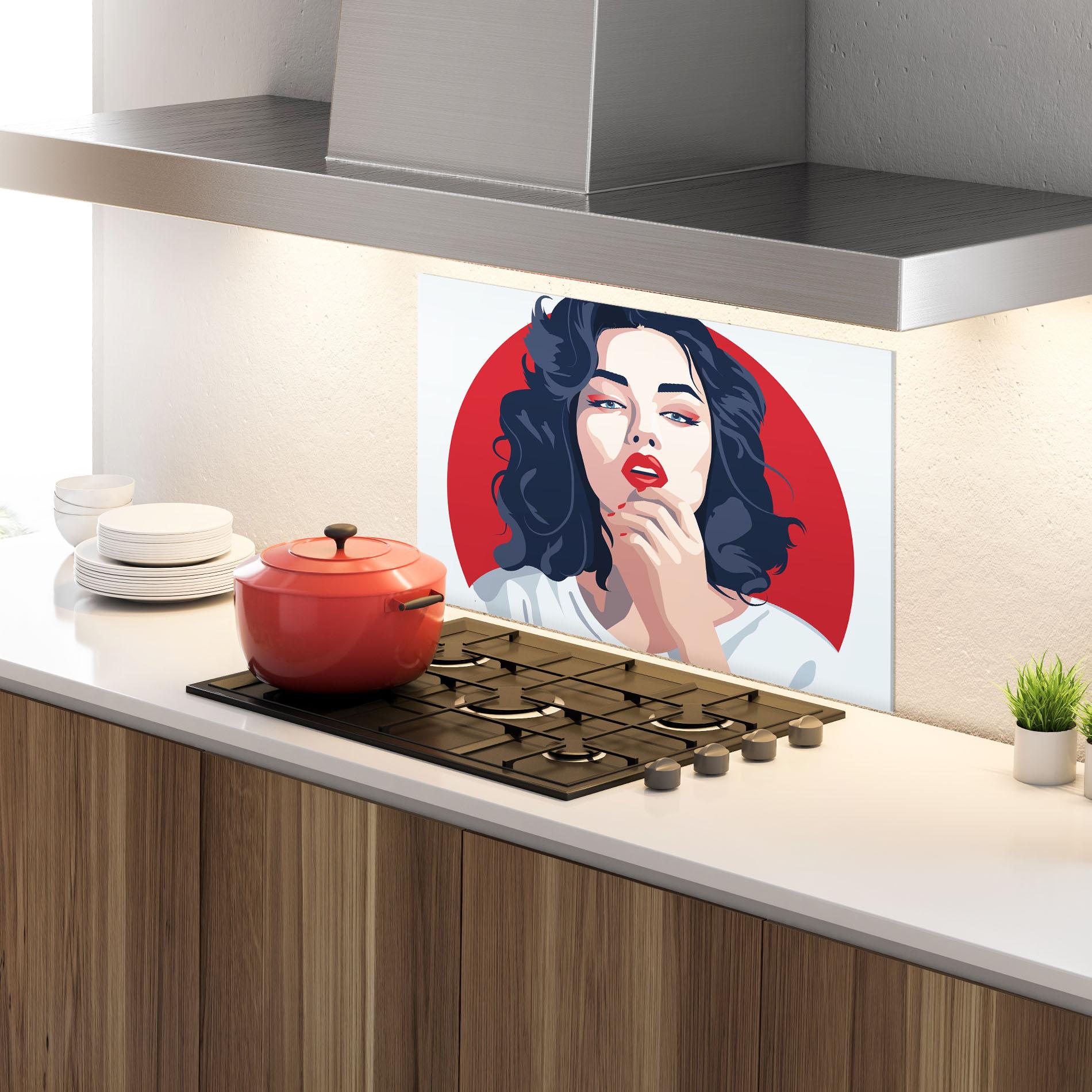 Küchenrückwand Glas Red Lips Portrait mockup 4