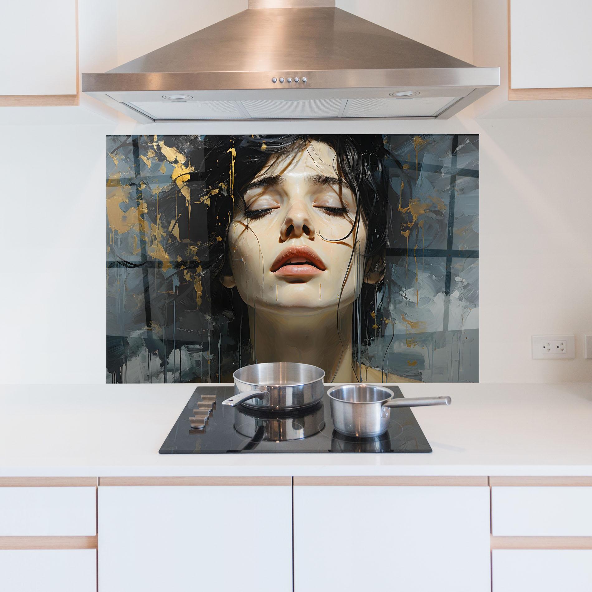 Küchenrückwand Glas Closed Eyes Woman mockup 5