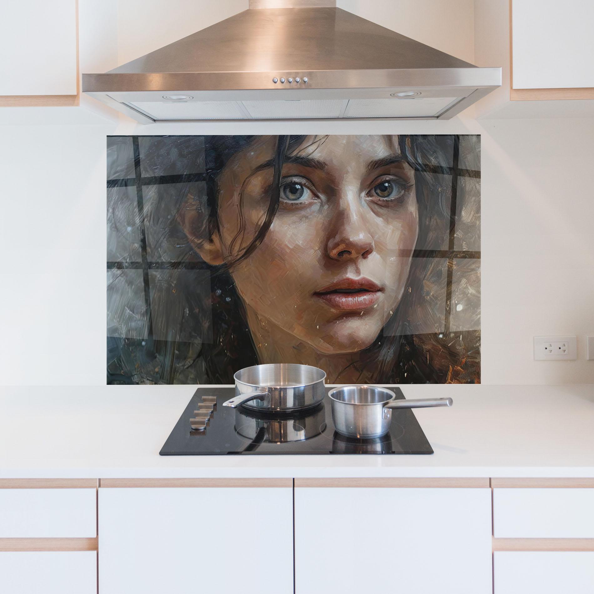 Küchenrückwand Glas Closeup Darkhaired Woman mockup 5