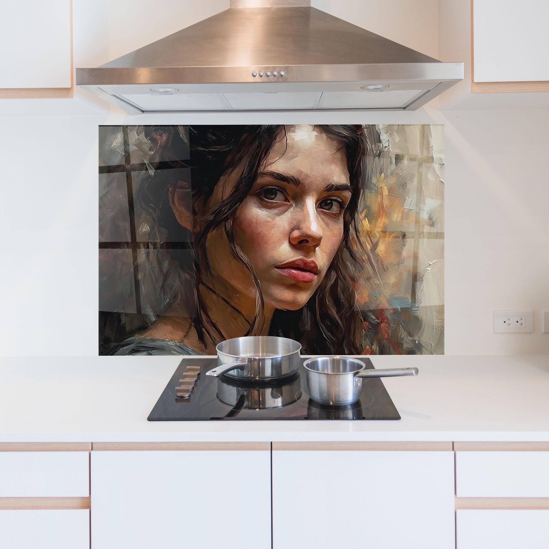 Küchenrückwand Glas Closeup Impasto Portrait mockup 5