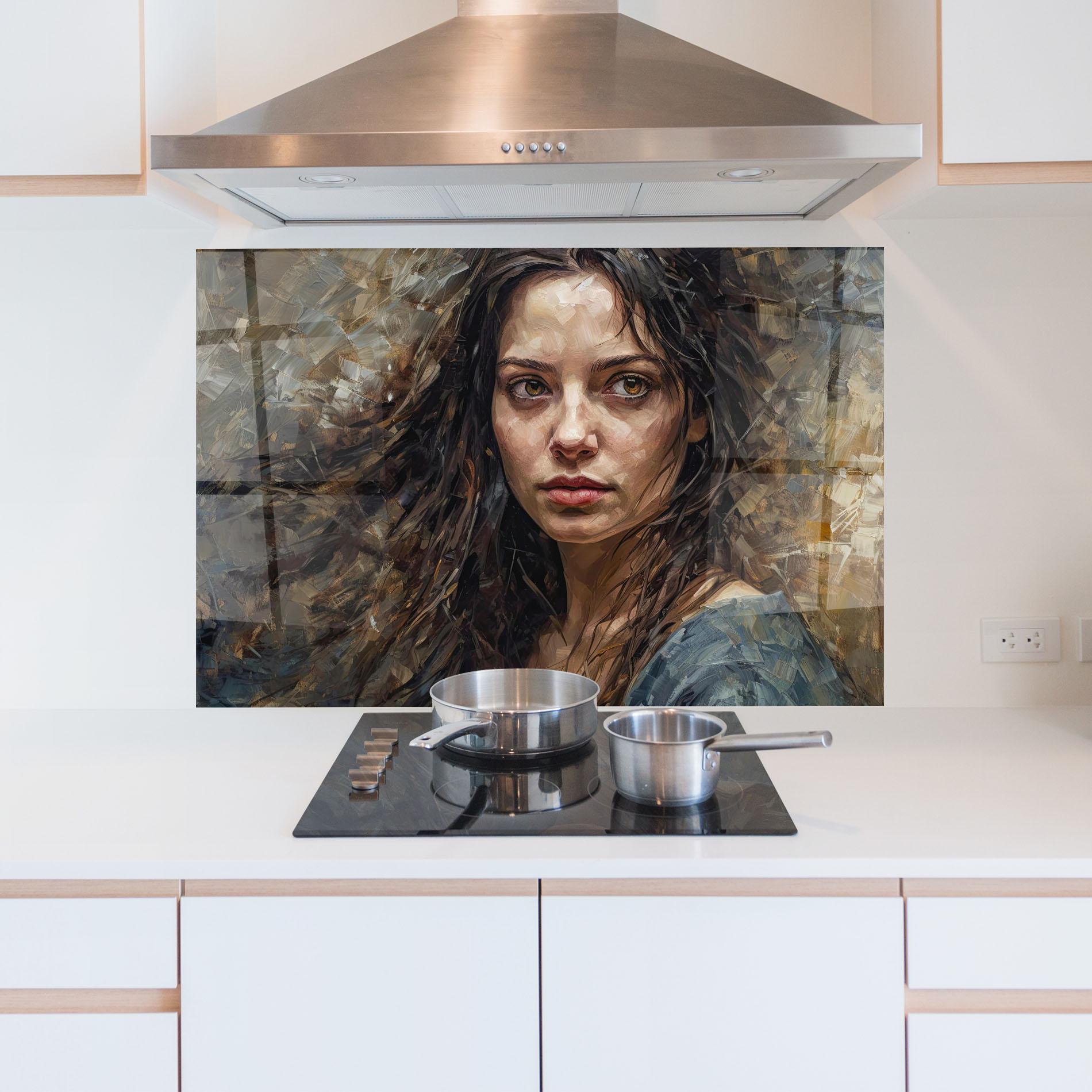 Küchenrückwand Glas Darkhaired Woman Portrait mockup 5