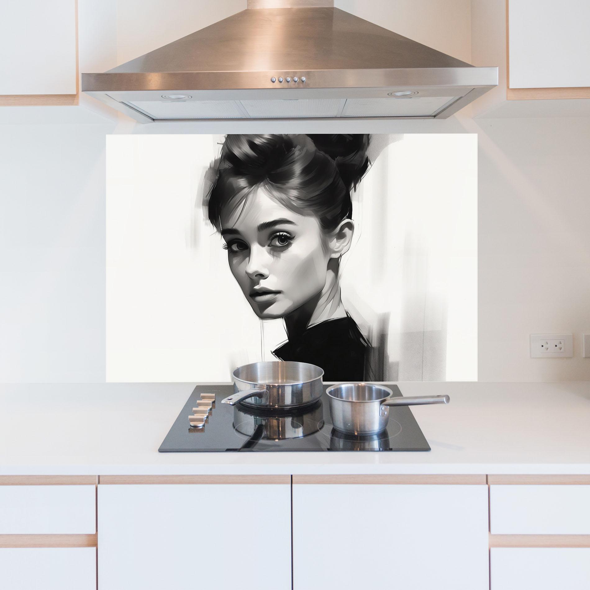 Küchenrückwand Glas Hepburn Portrait mockup 5