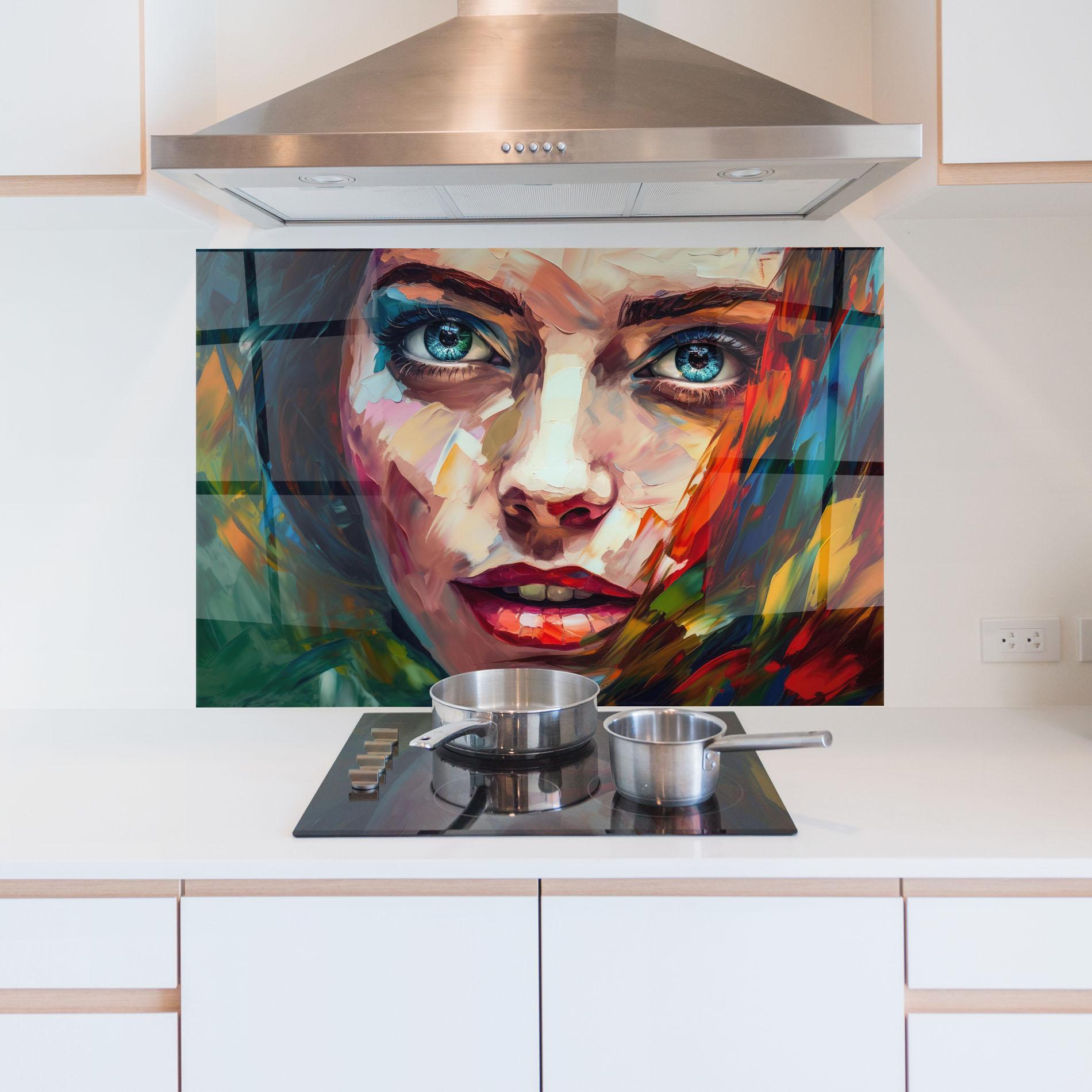 Küchenrückwand Glas Intense Blue Eyes Woman mockup 5