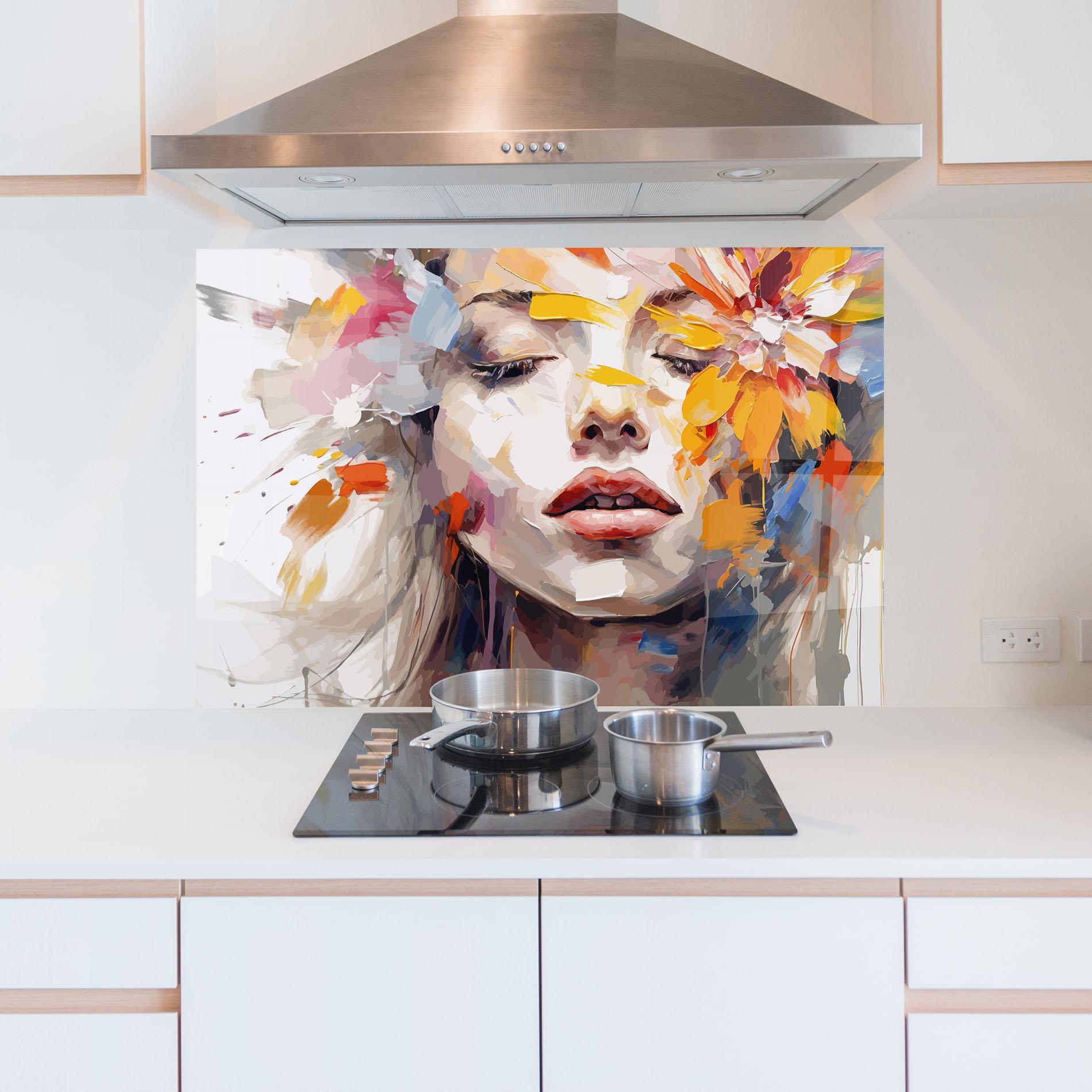 Küchenrückwand Glas Oil Flower Portrait mockup 5