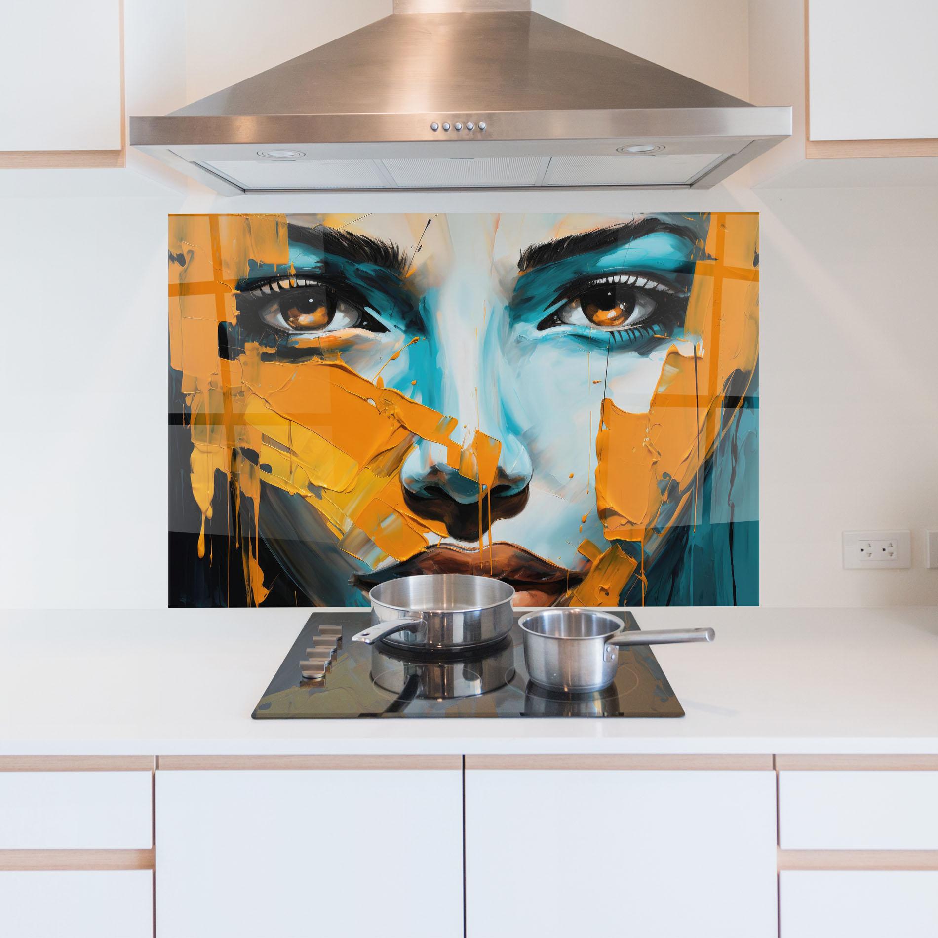 Küchenrückwand Glas Orange Paint Portrait mockup 5