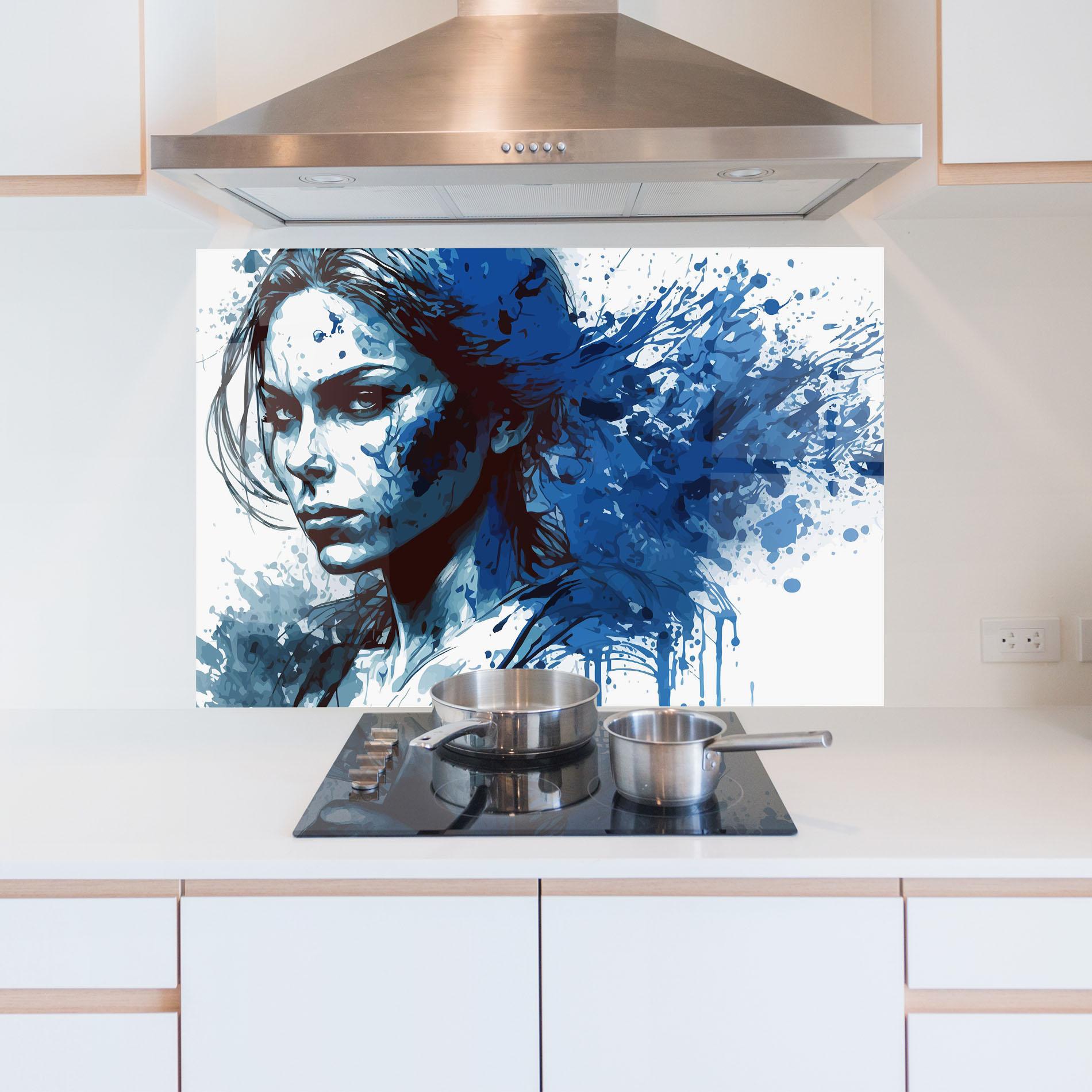 Küchenrückwand Glas Portrait Blue Woman mockup 5