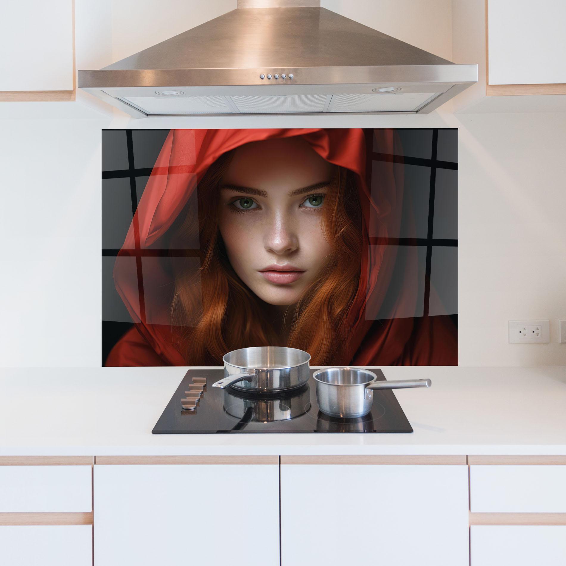 Küchenrückwand Glas Red Hood Portrait mockup 5