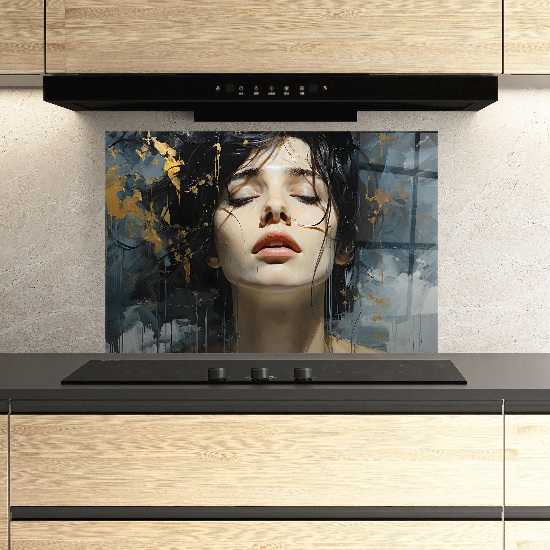 Küchenrückwand Glas Closed Eyes Woman mockup 3