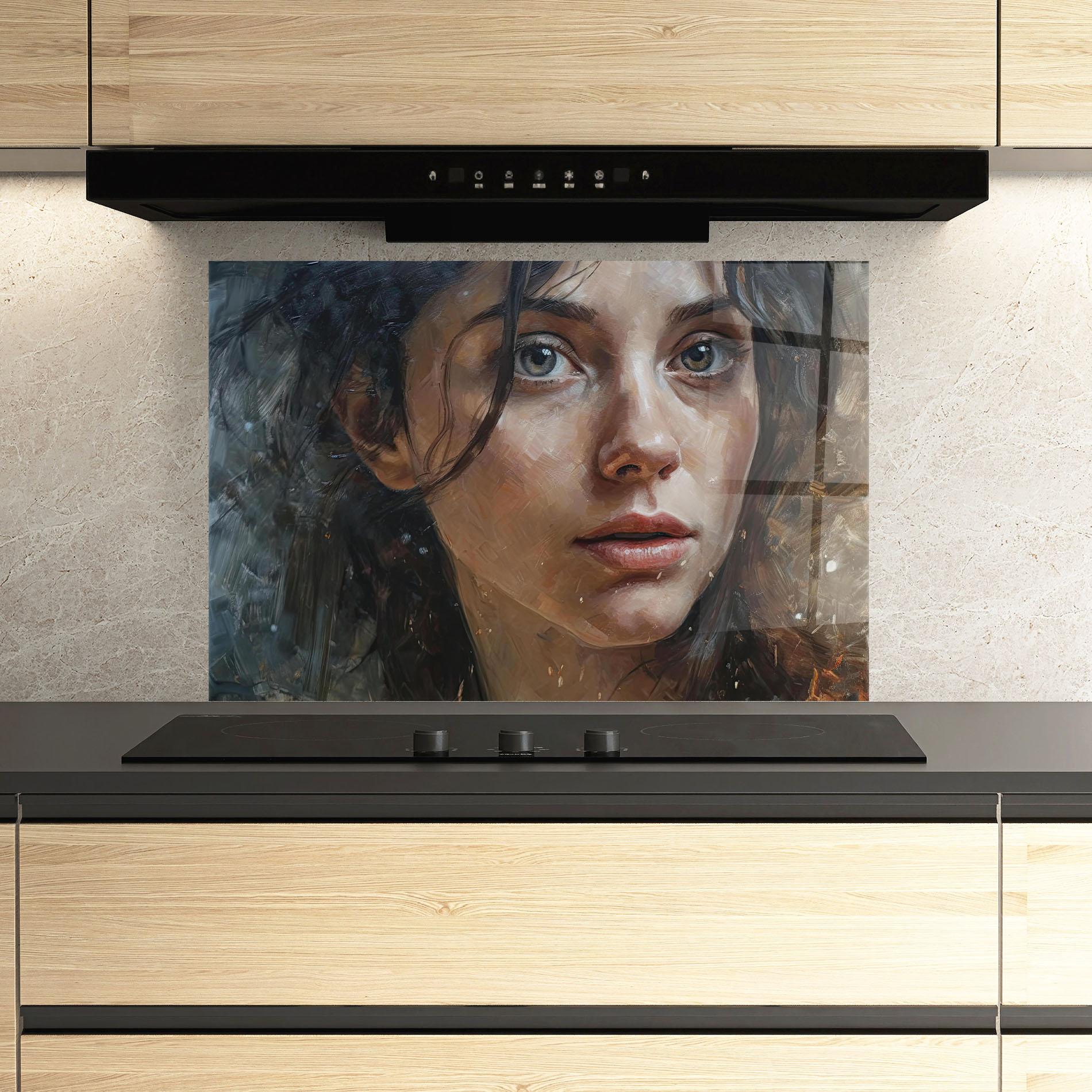 Küchenrückwand Glas Closeup Darkhaired Woman mockup 3