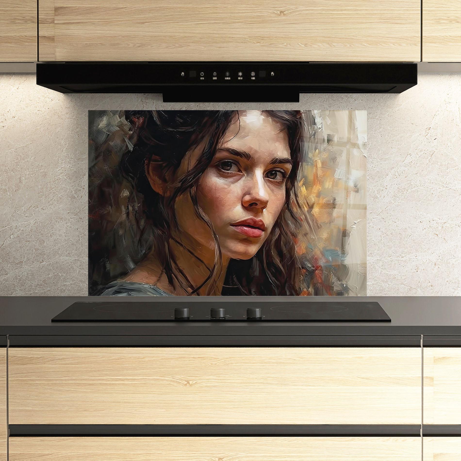 Küchenrückwand Glas Closeup Impasto Portrait mockup 3