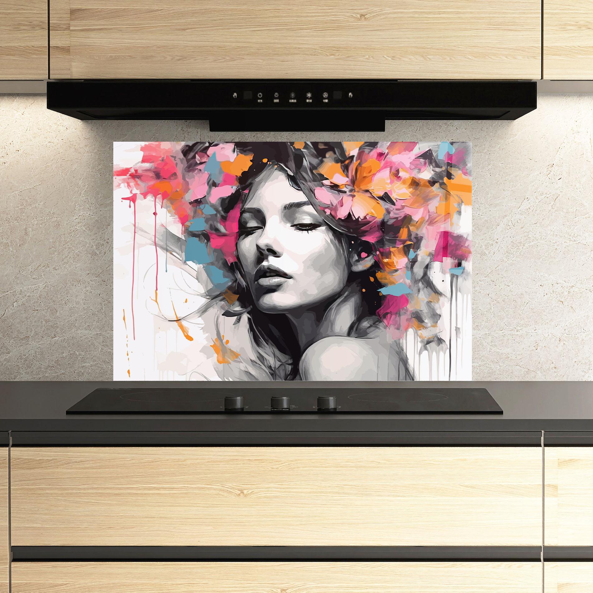 Küchenrückwand Glas Colorful Flower Portrait mockup 3