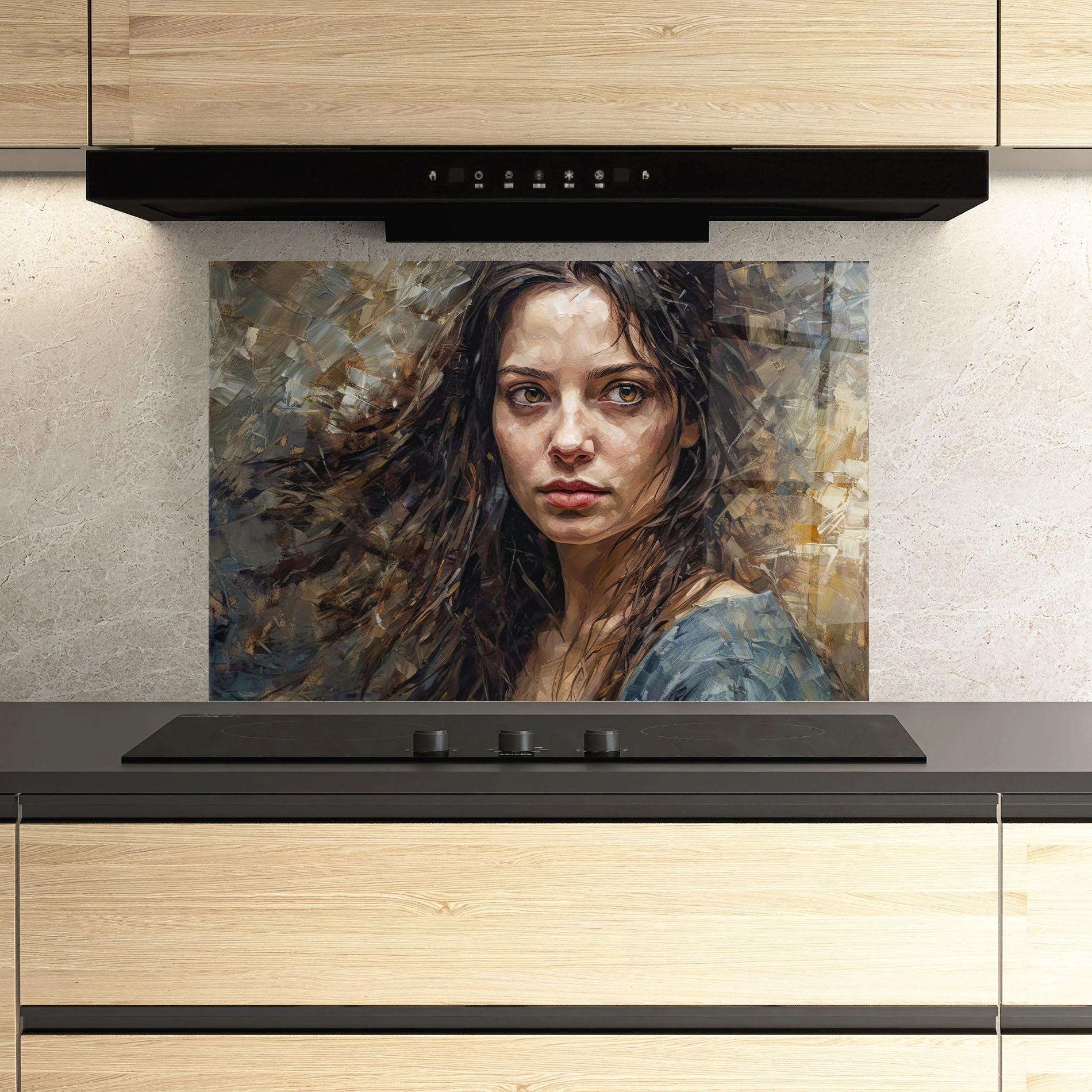 Küchenrückwand Glas Darkhaired Woman Portrait mockup 3
