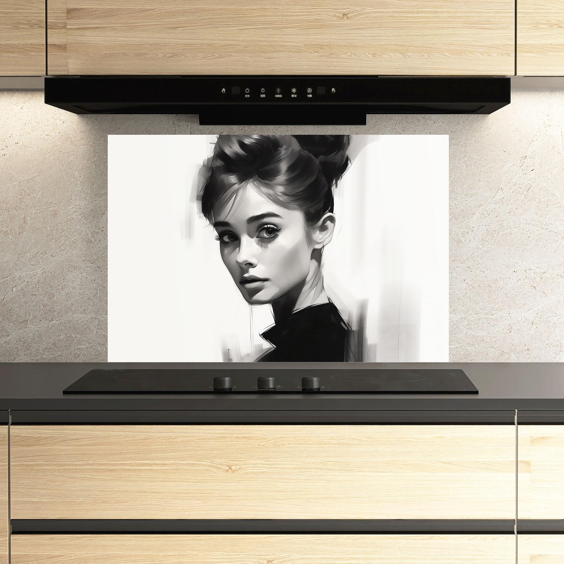 Küchenrückwand Glas Hepburn Portrait mockup 3