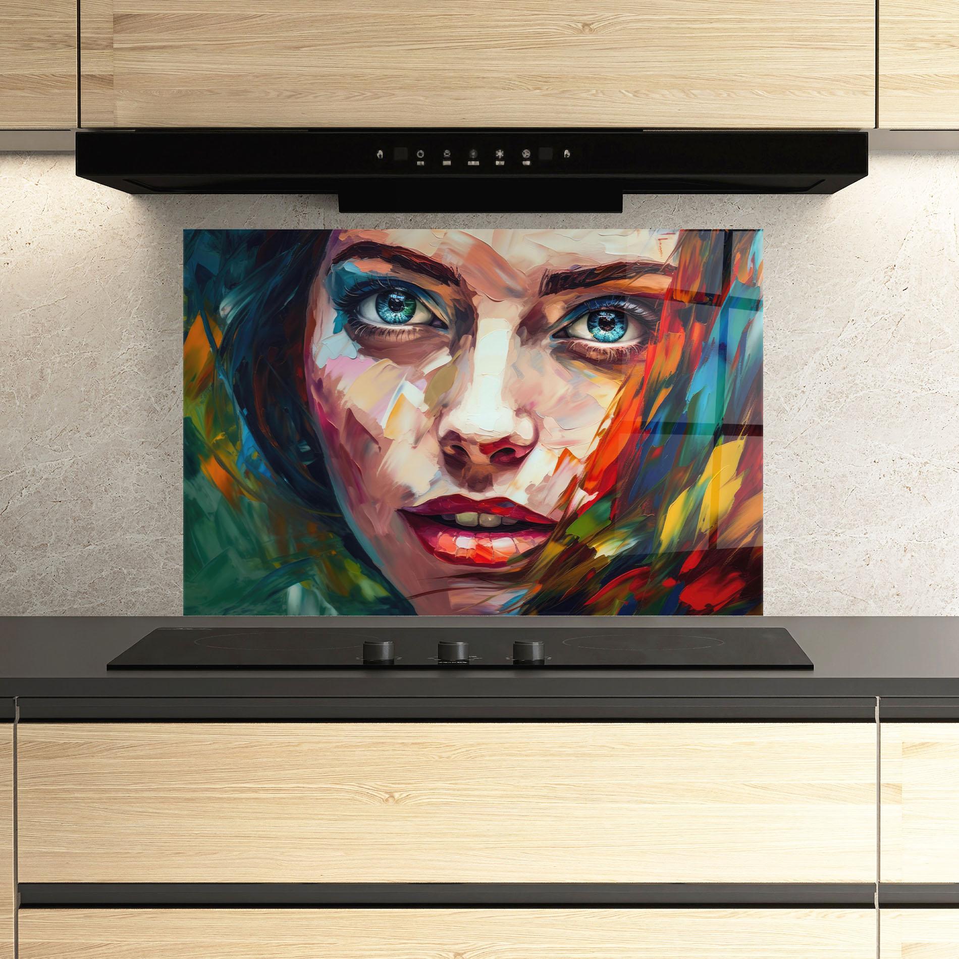 Küchenrückwand Glas Intense Blue Eyes Woman mockup 3