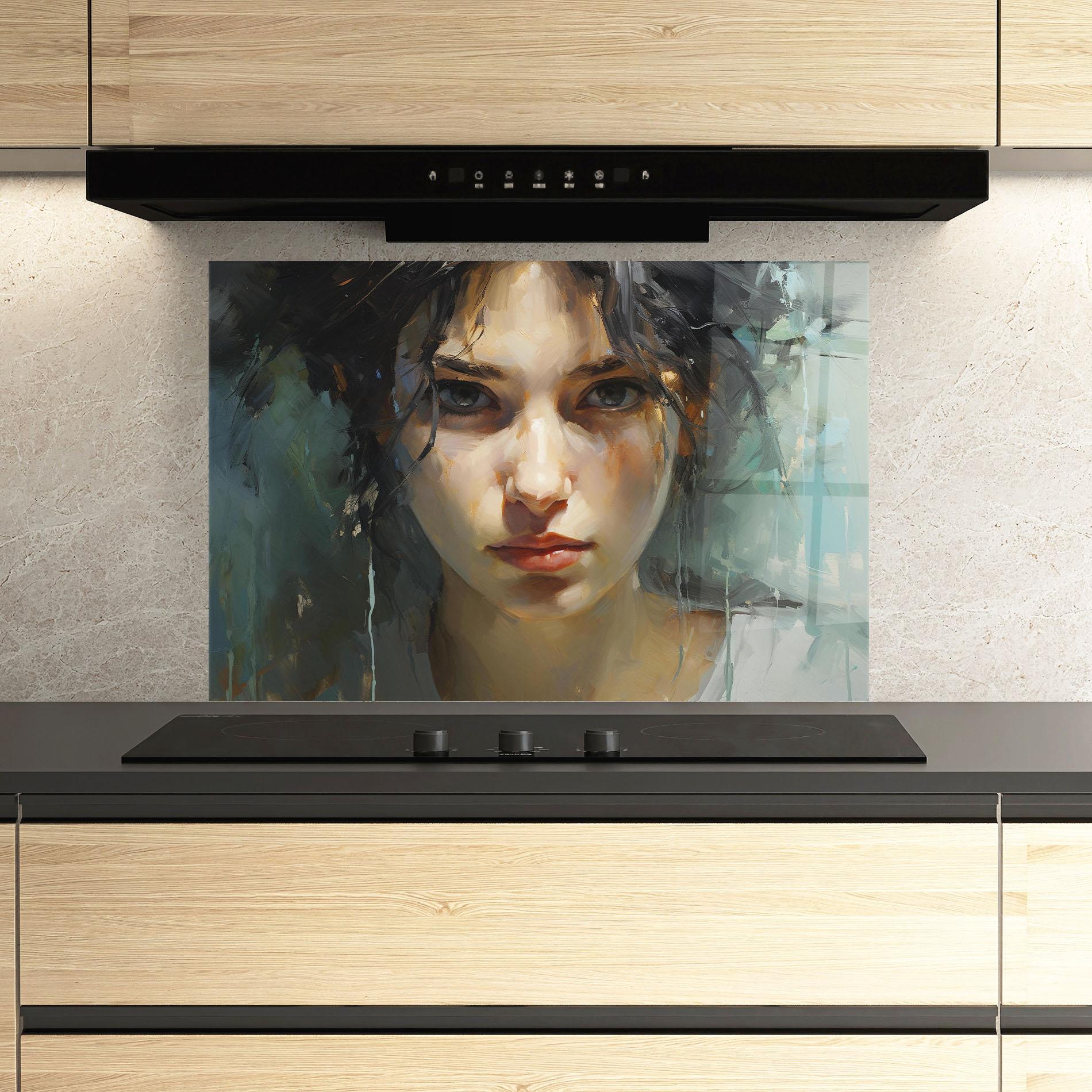 Küchenrückwand Glas Intense Portrait mockup 3