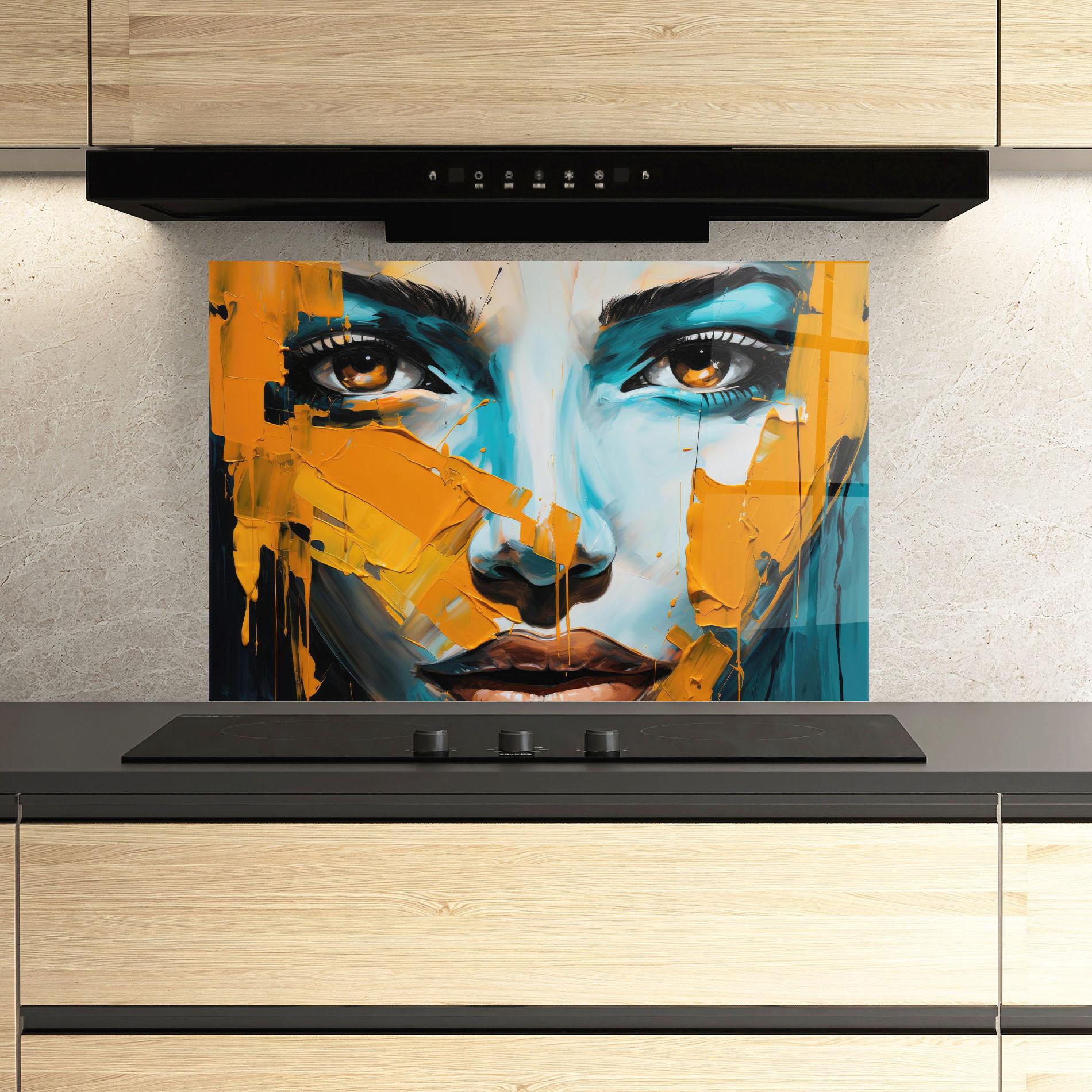 Küchenrückwand Glas Orange Paint Portrait mockup 3
