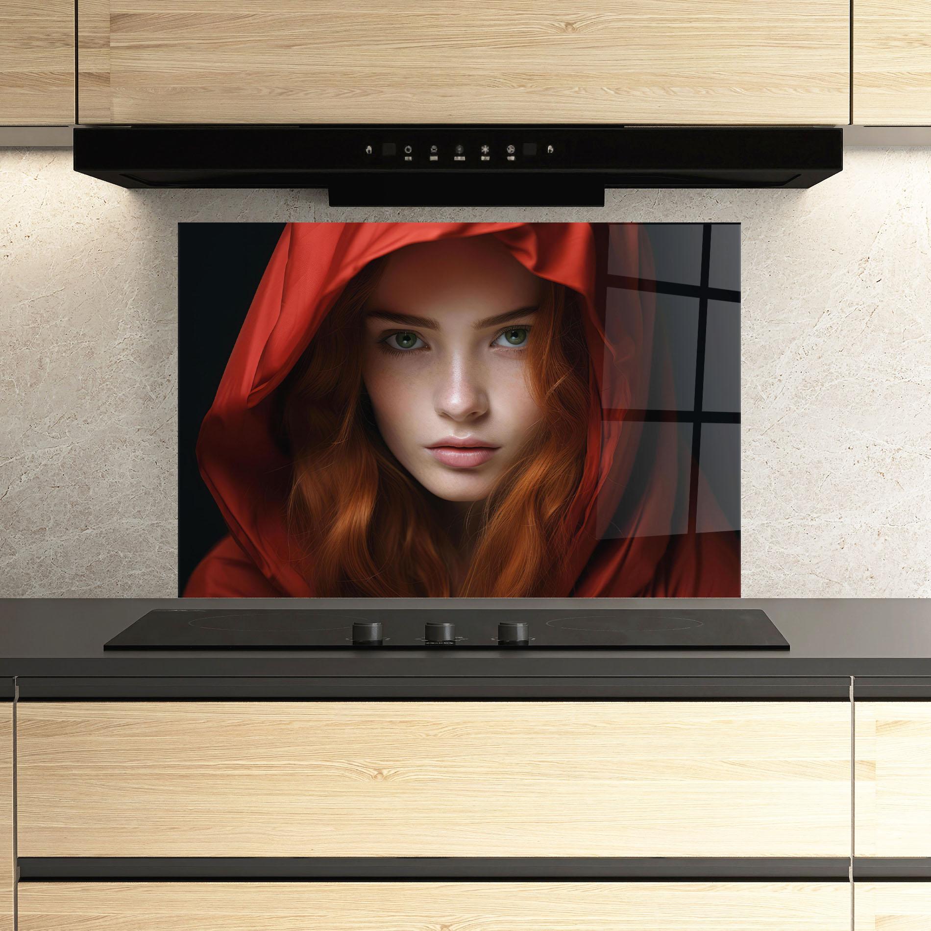 Küchenrückwand Glas Red Hood Portrait mockup 3