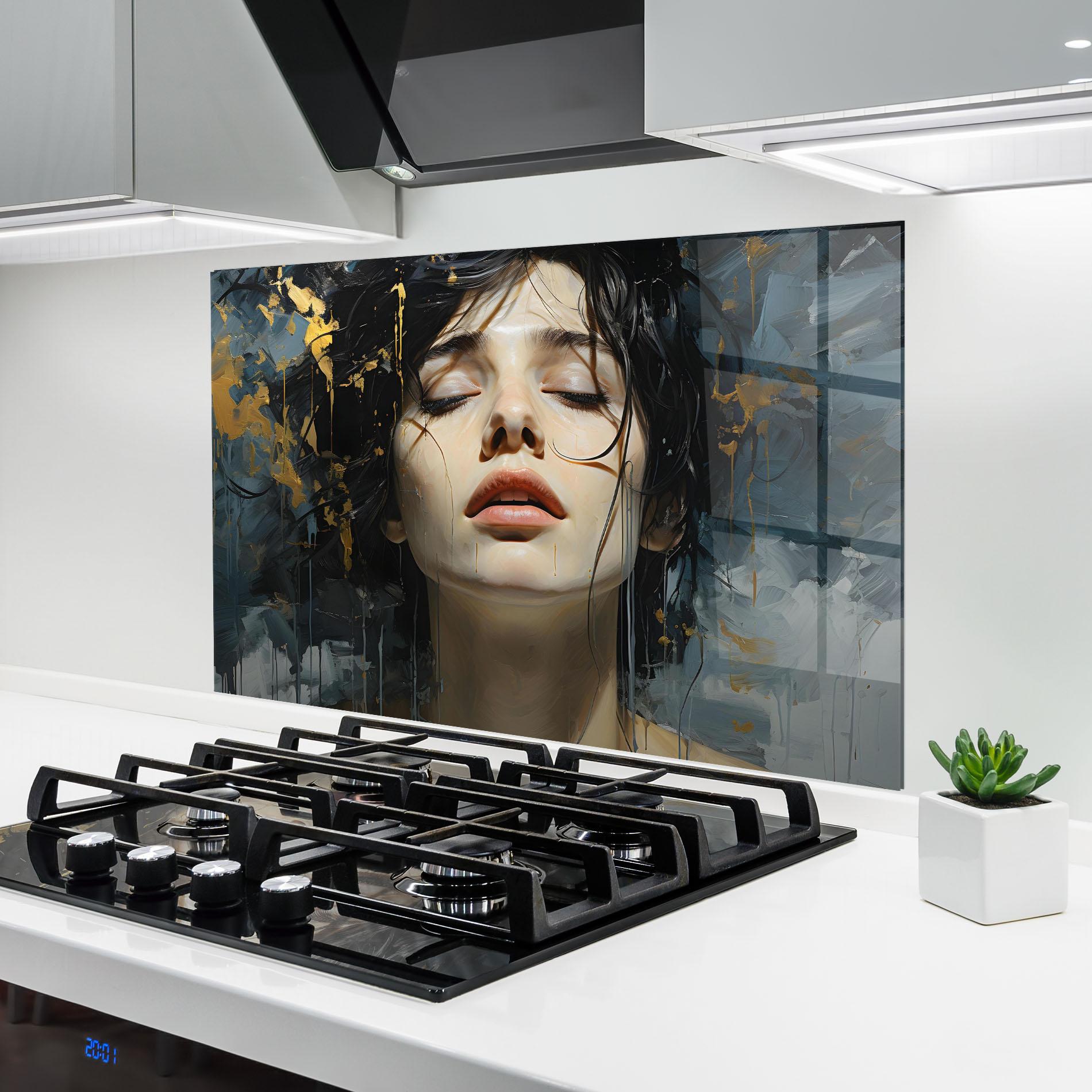 Küchenrückwand Glas Closed Eyes Woman mockup 6