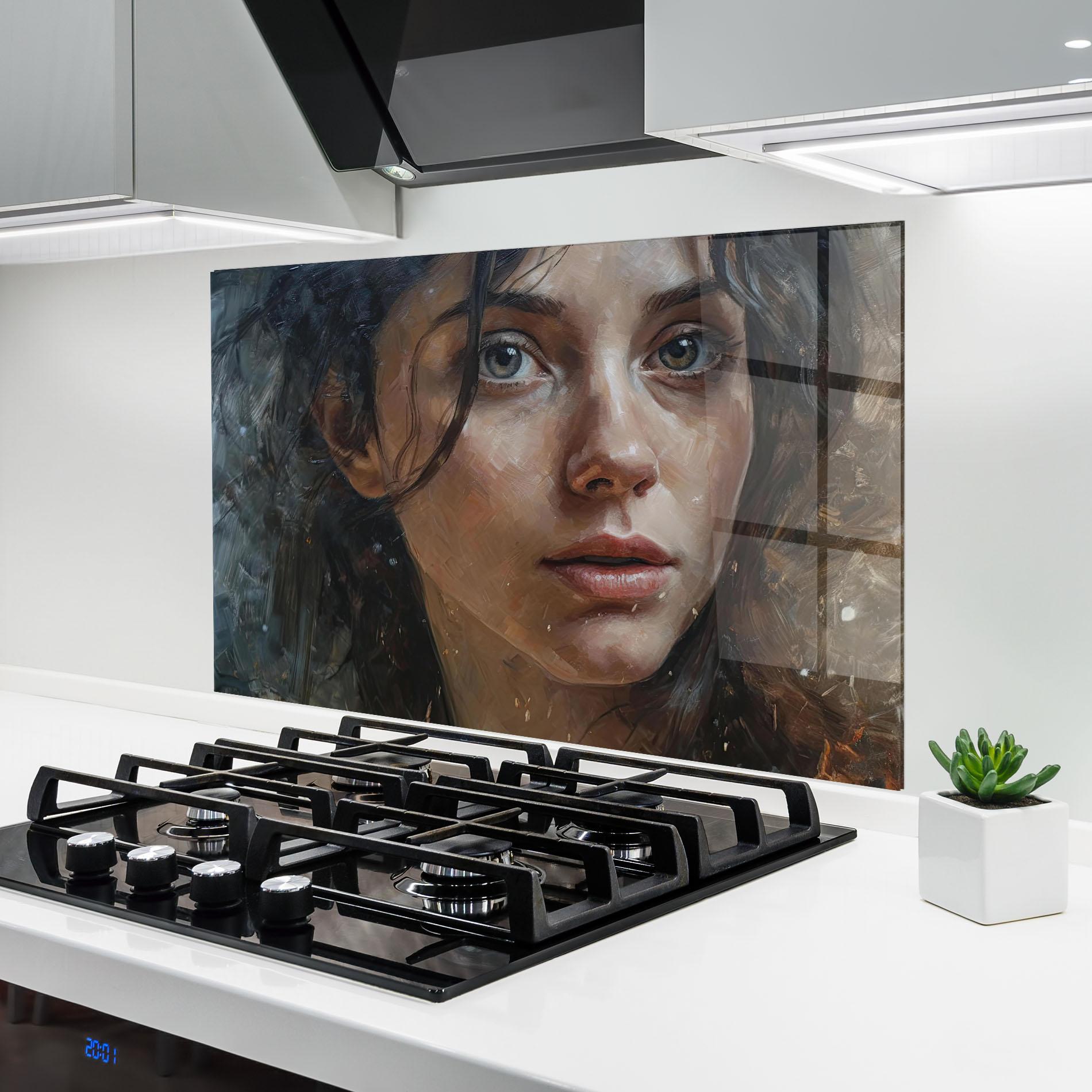 Küchenrückwand Glas Closeup Darkhaired Woman mockup 6