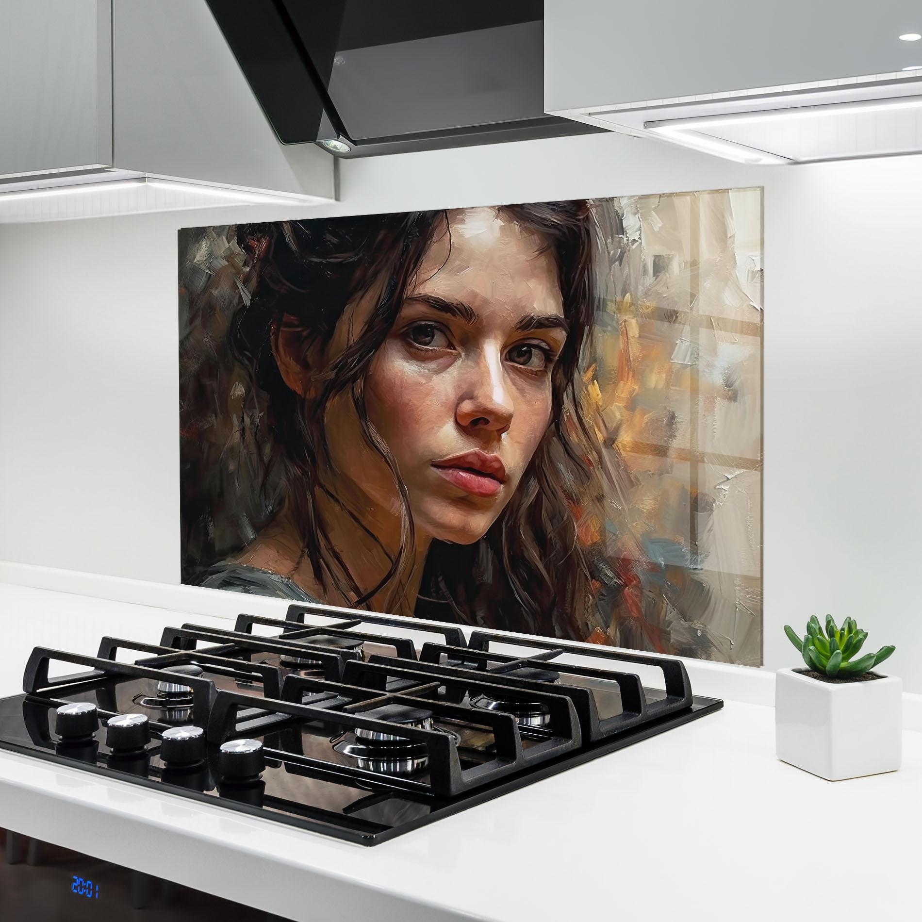 Küchenrückwand Glas Closeup Impasto Portrait mockup 6