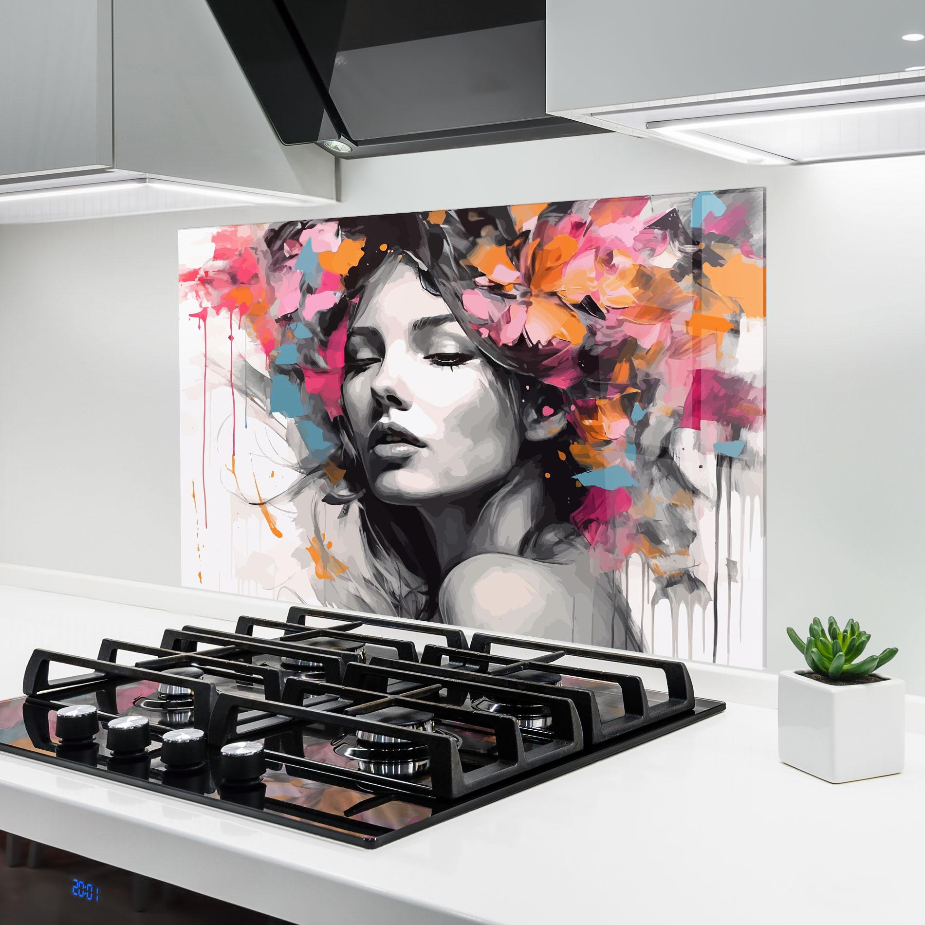 Küchenrückwand Glas Colorful Flower Portrait mockup 6