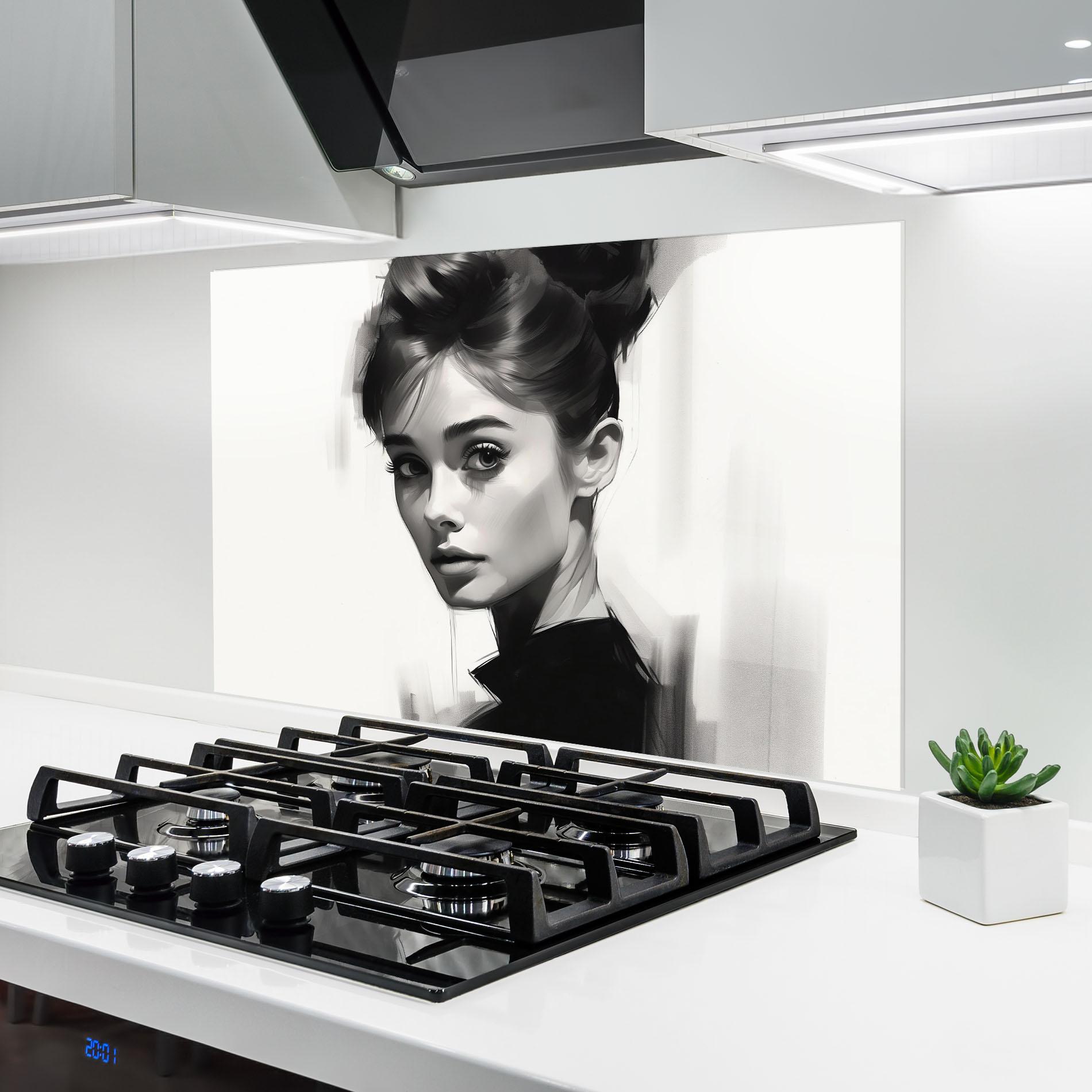 Küchenrückwand Glas Hepburn Portrait mockup 6