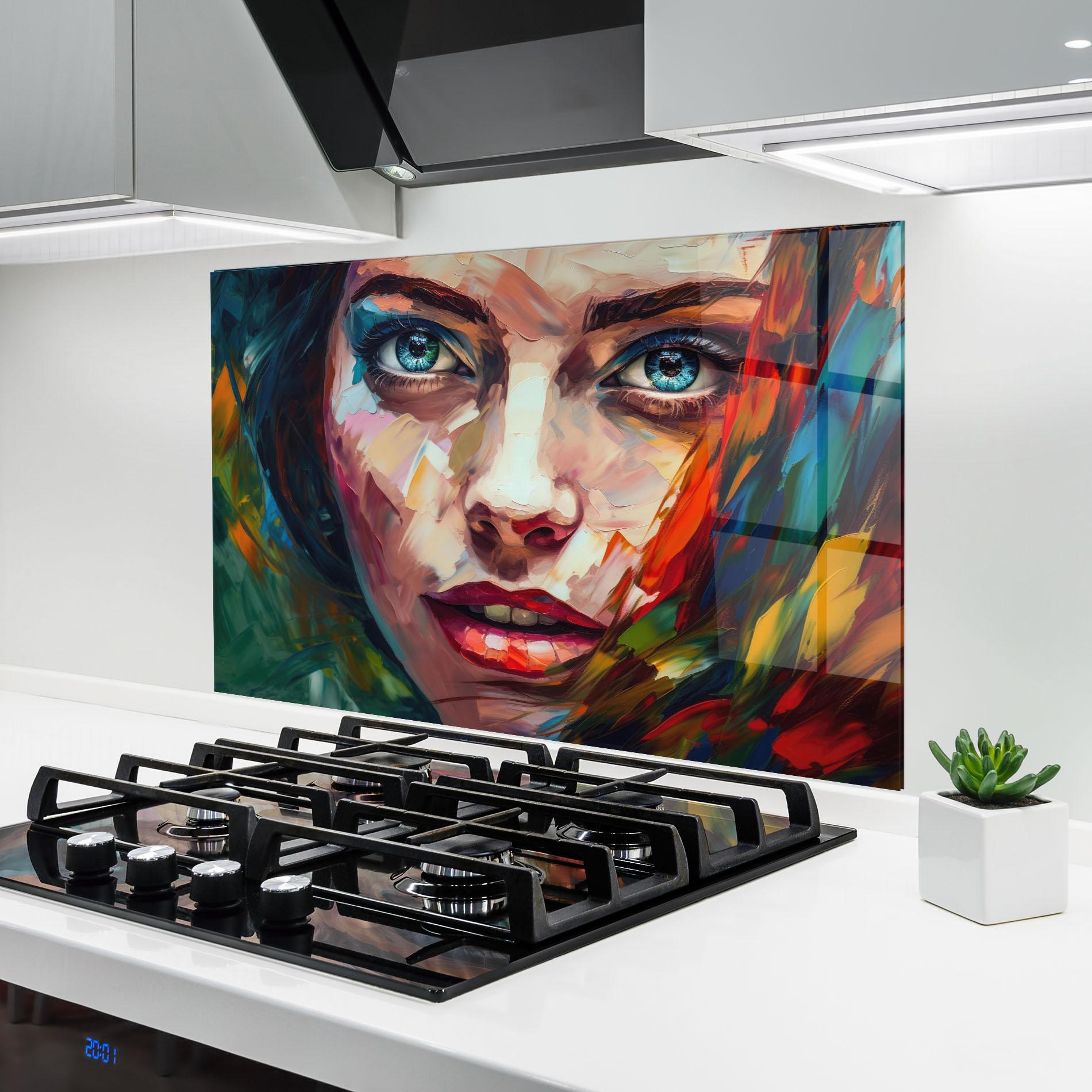 Küchenrückwand Glas Intense Blue Eyes Woman mockup 6