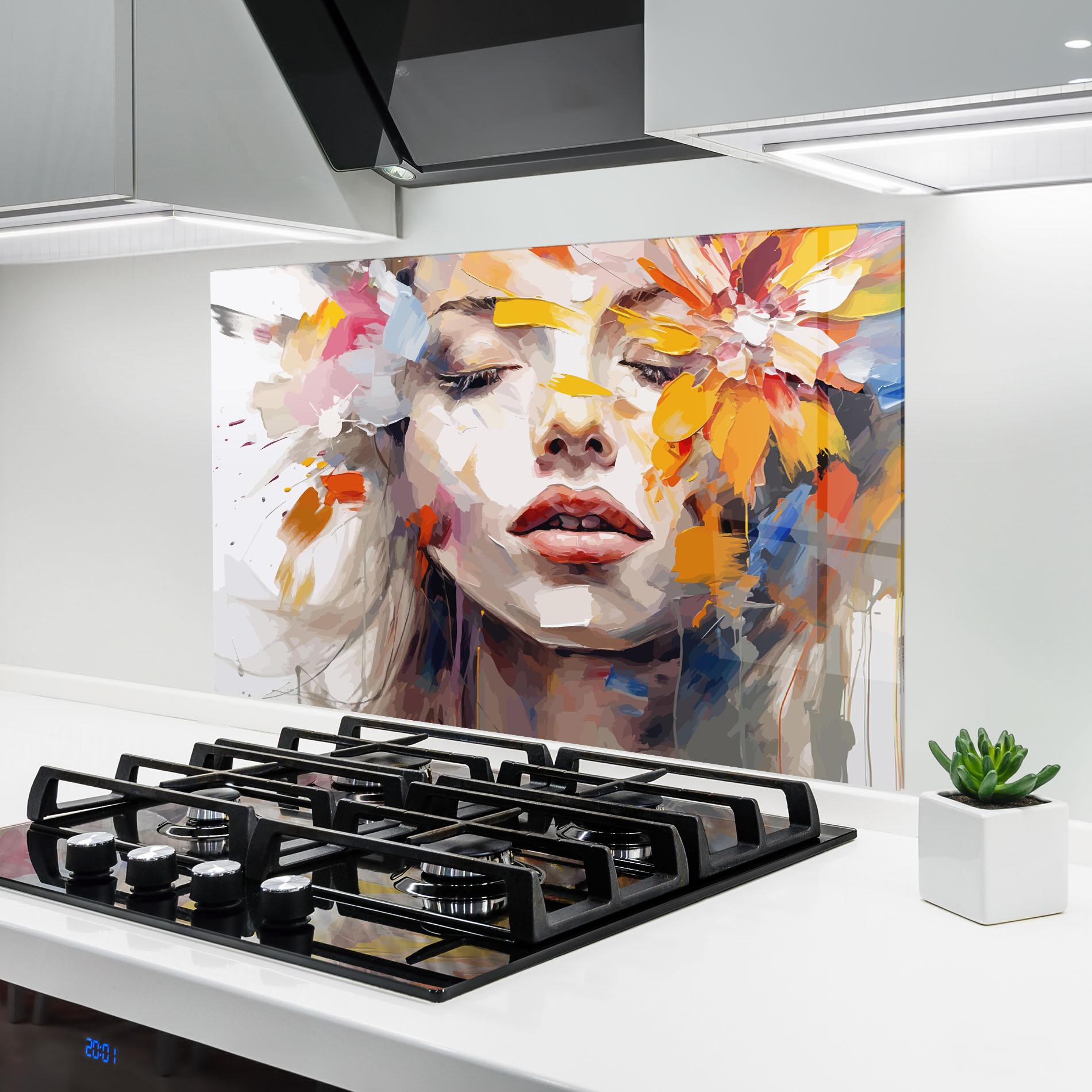 Küchenrückwand Glas Oil Flower Portrait mockup 6