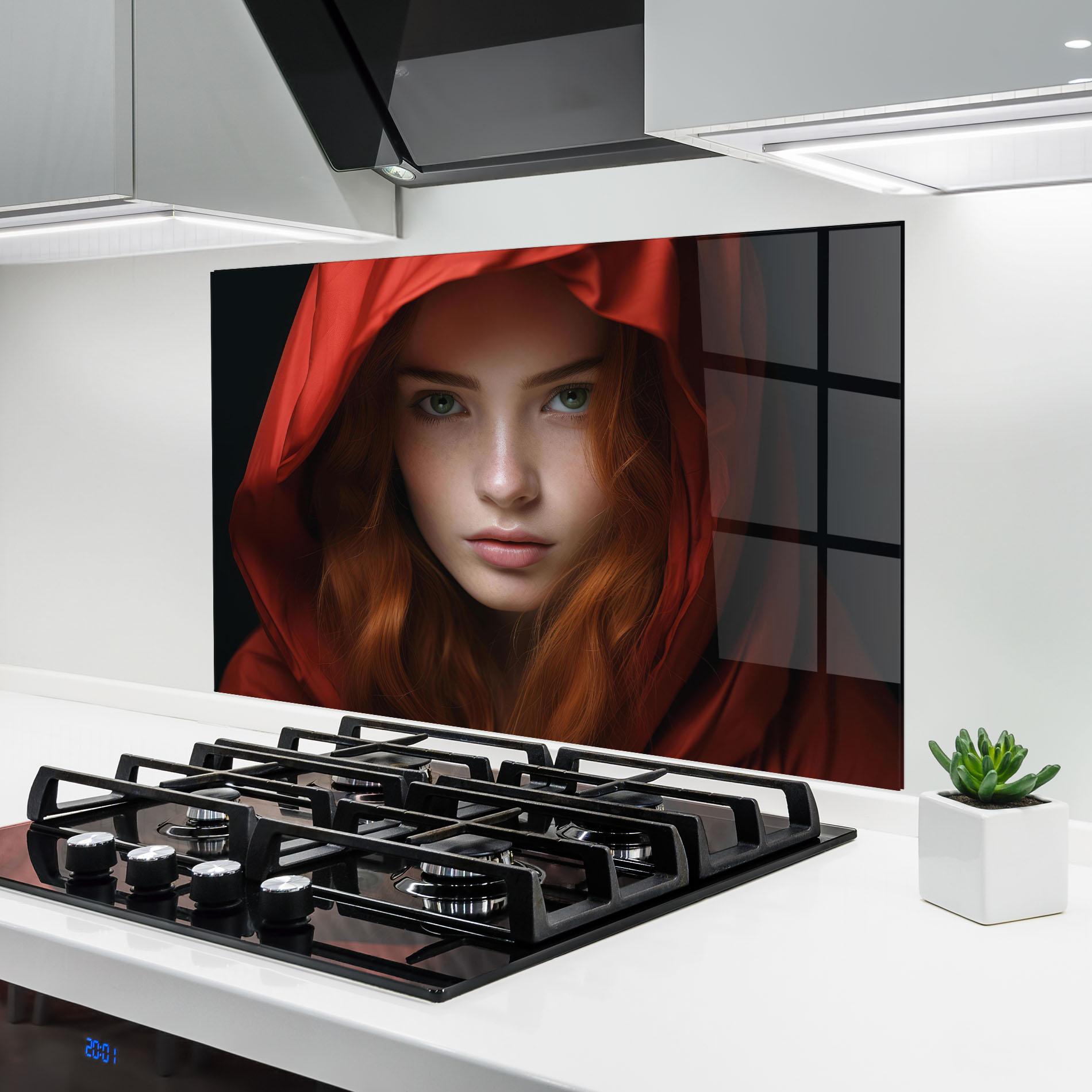 Küchenrückwand Glas Red Hood Portrait mockup 6