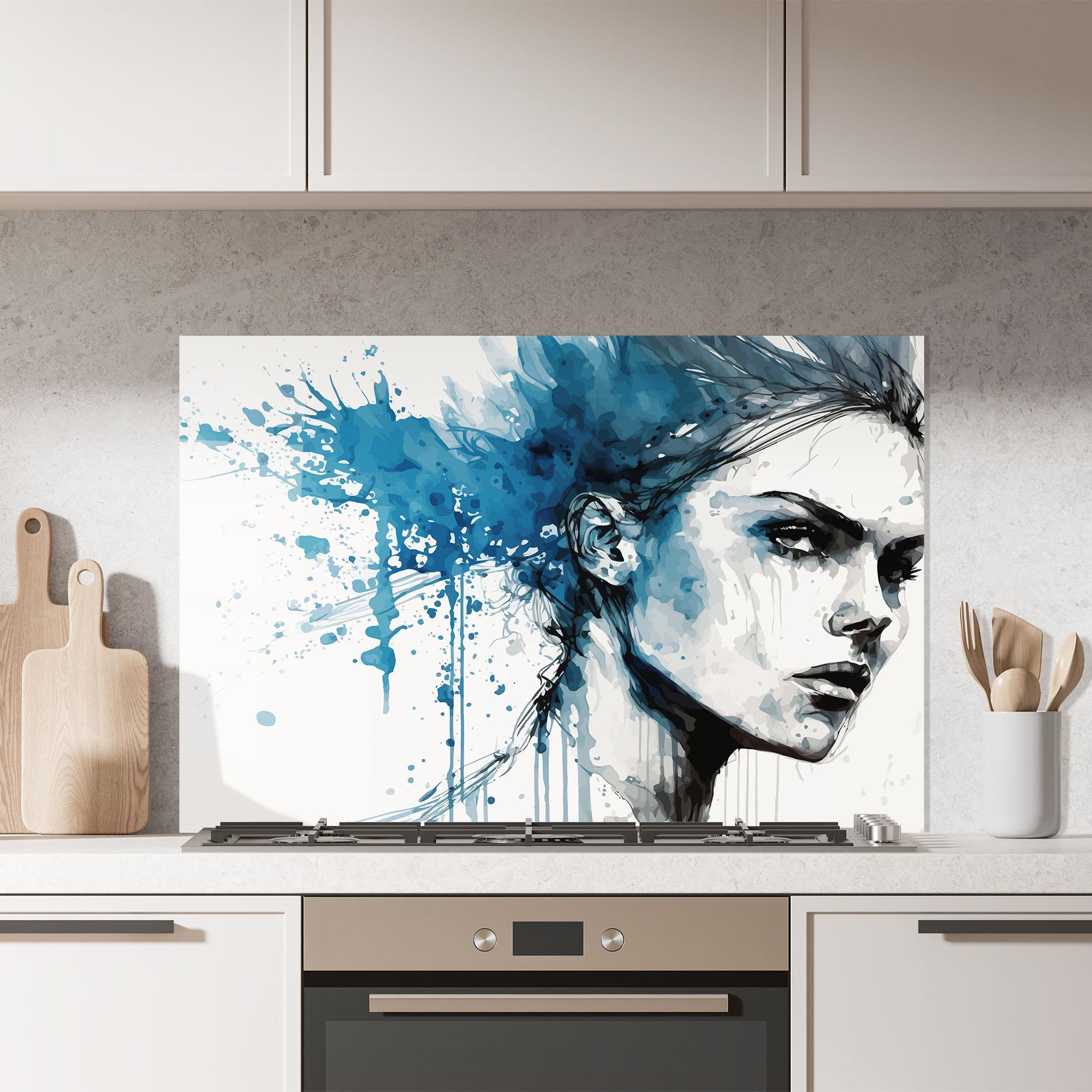Küchenrückwand Glas Blue Splash Portrait mockup 7