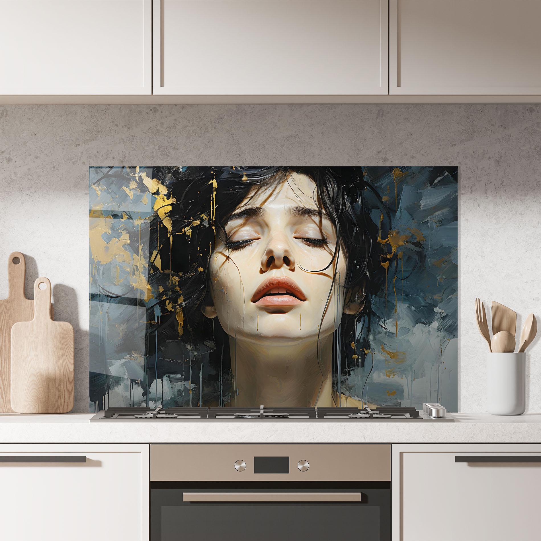 Küchenrückwand Glas Closed Eyes Woman mockup 7
