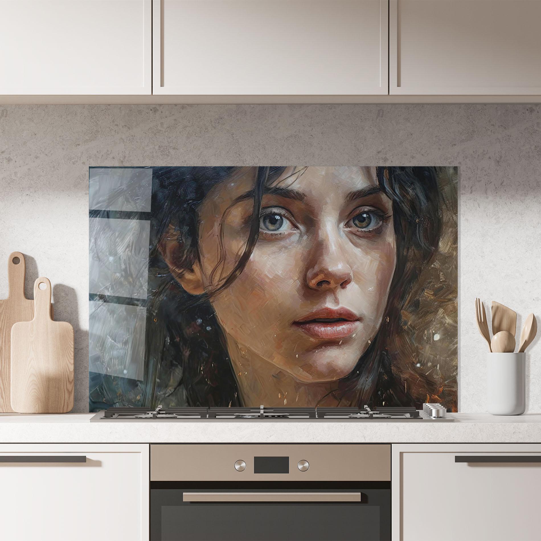 Küchenrückwand Glas Closeup Darkhaired Woman mockup 7