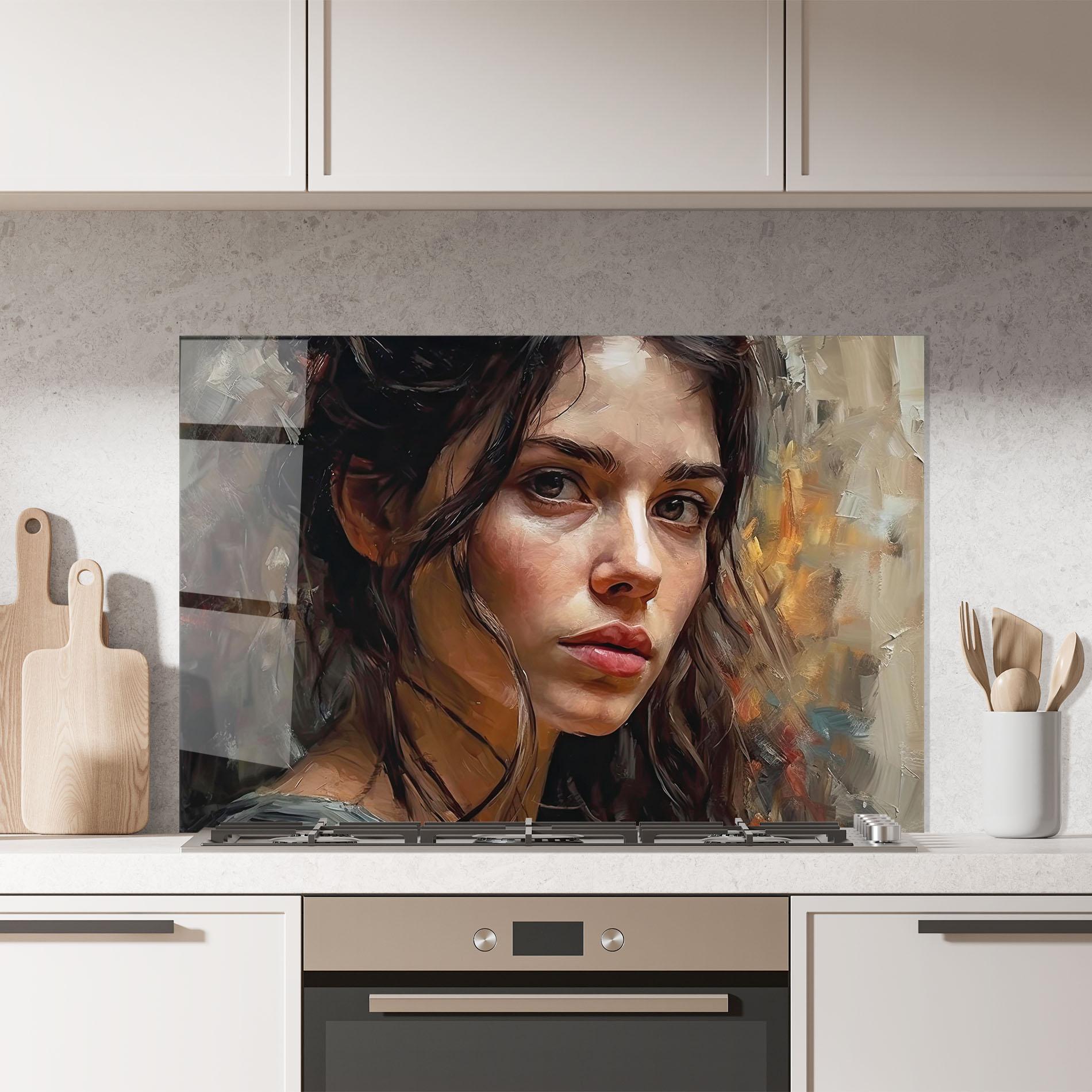 Küchenrückwand Glas Closeup Impasto Portrait mockup 7