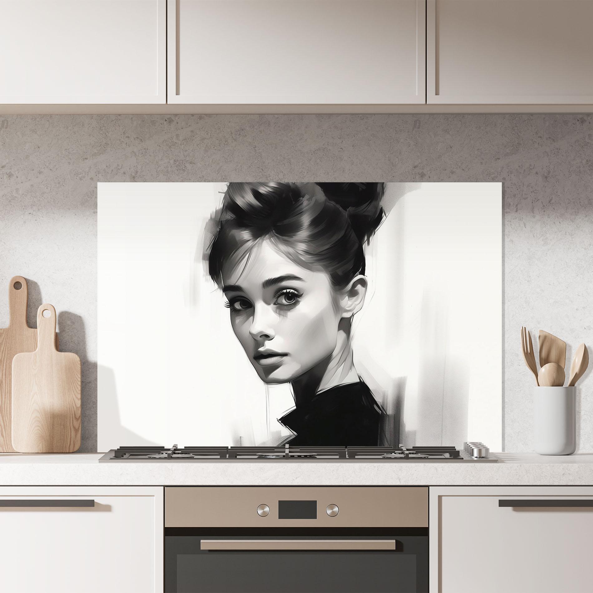 Küchenrückwand Glas Hepburn Portrait mockup 7