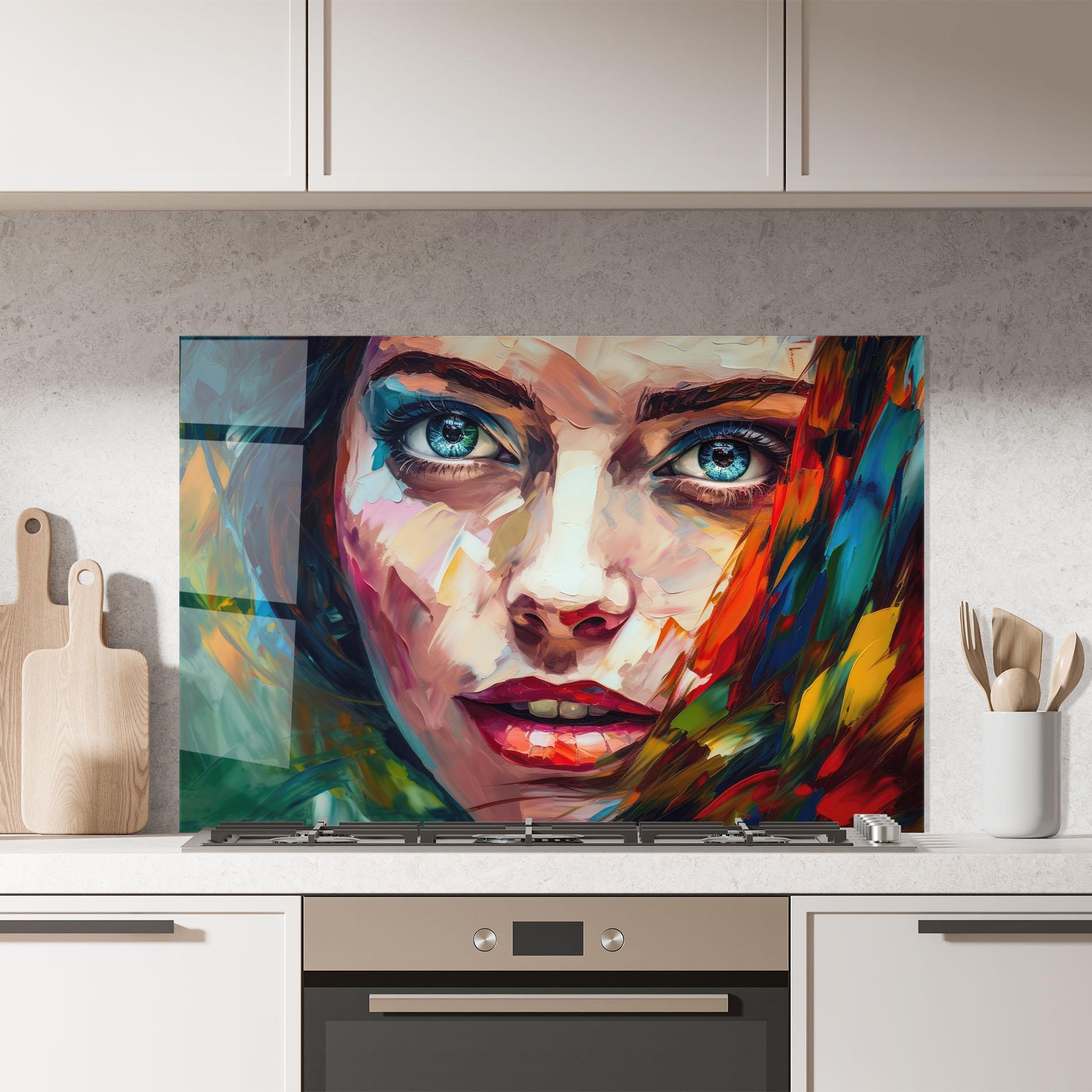 Küchenrückwand Glas Intense Blue Eyes Woman mockup 7