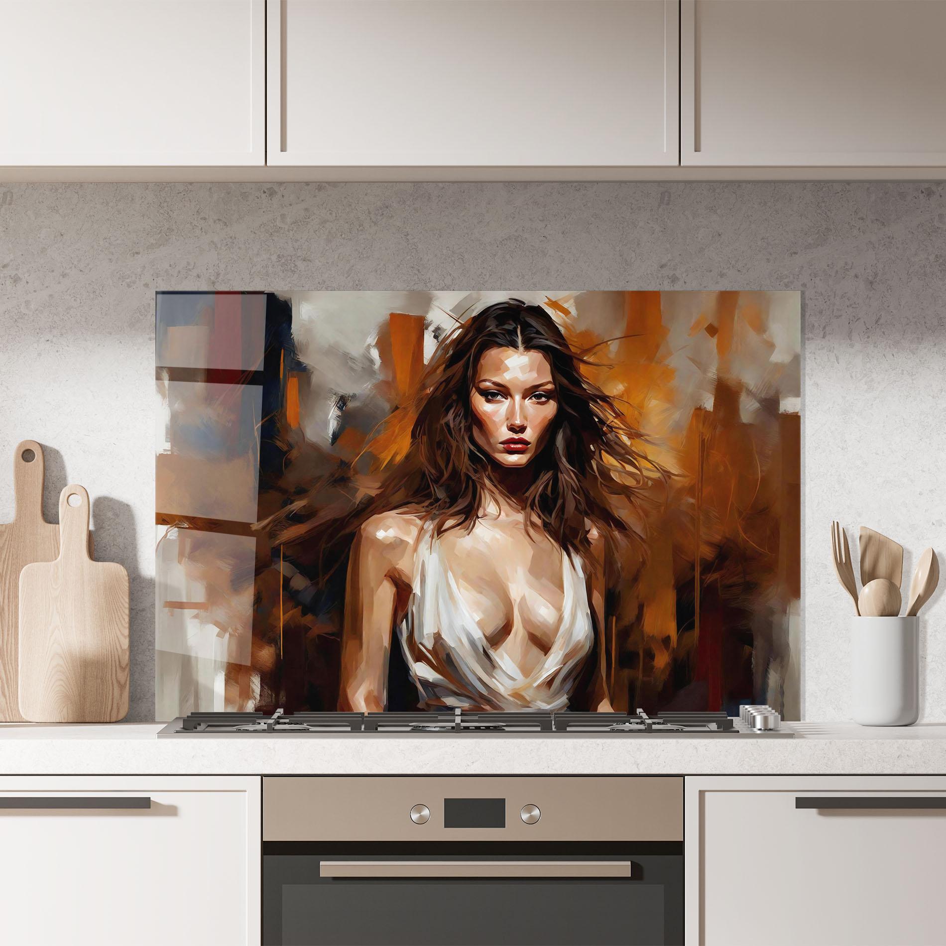 Küchenrückwand Glas Long Brown Hair Woman mockup 7