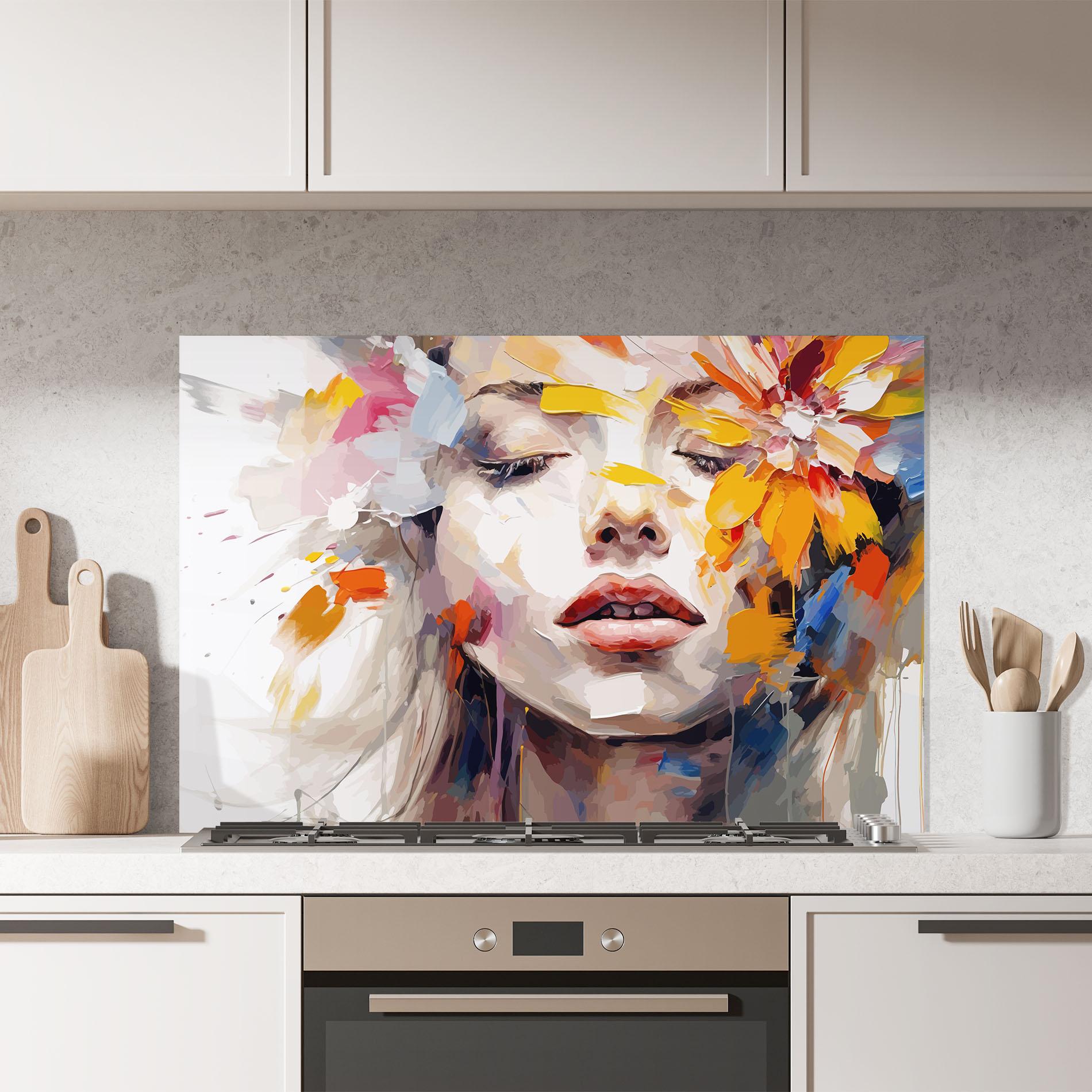 Küchenrückwand Glas Oil Flower Portrait mockup 7