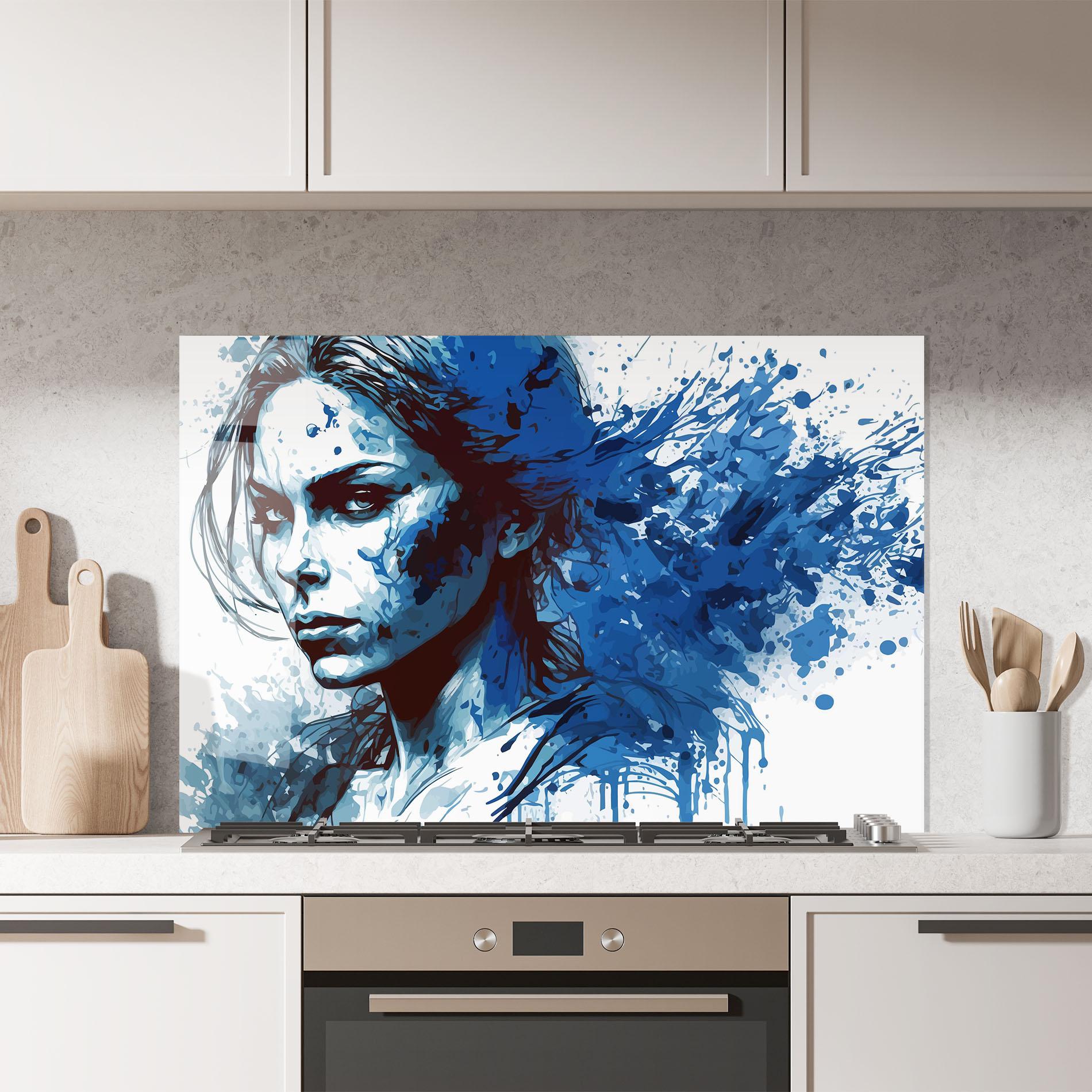 Küchenrückwand Glas Portrait Blue Woman mockup 7