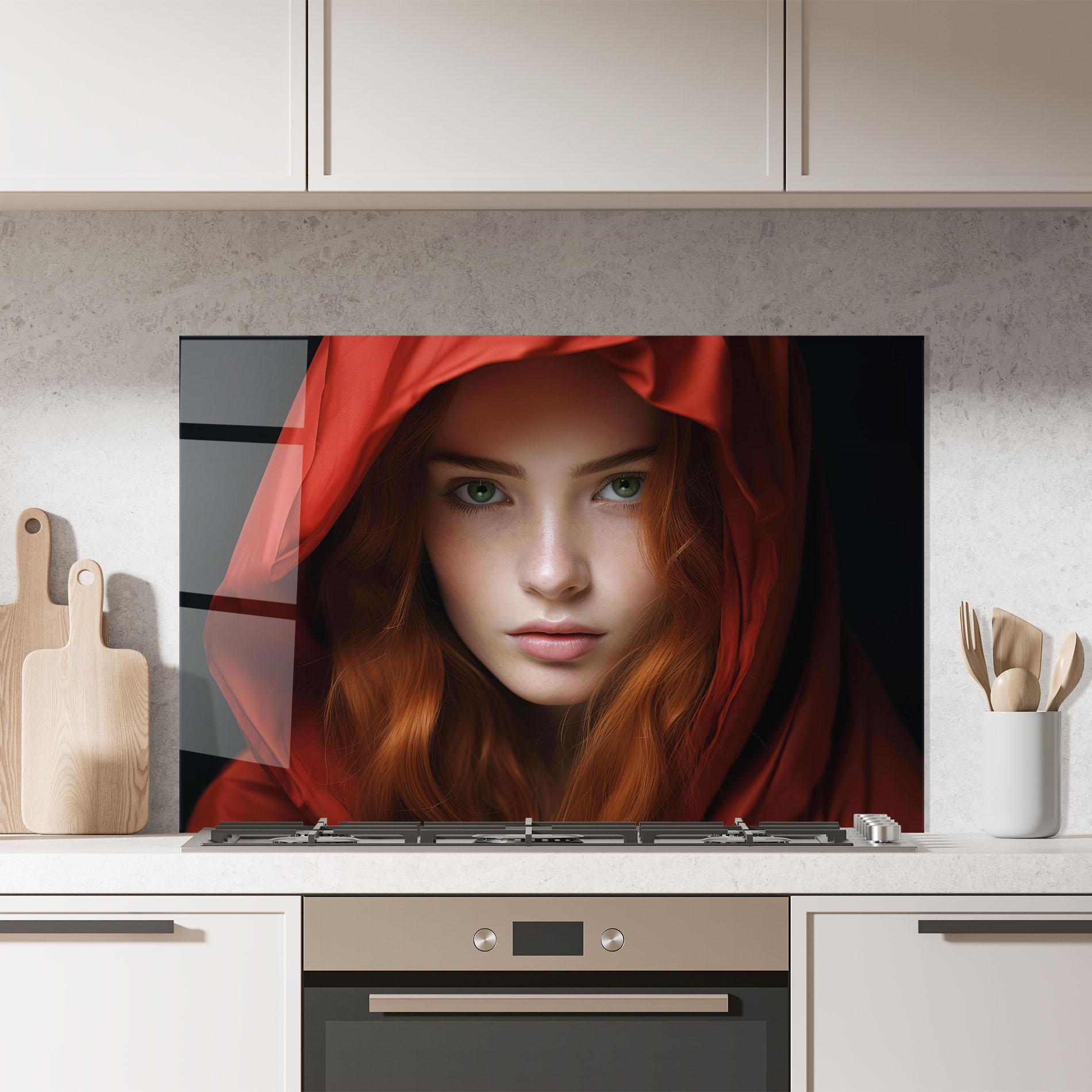 Küchenrückwand Glas Red Hood Portrait mockup 7