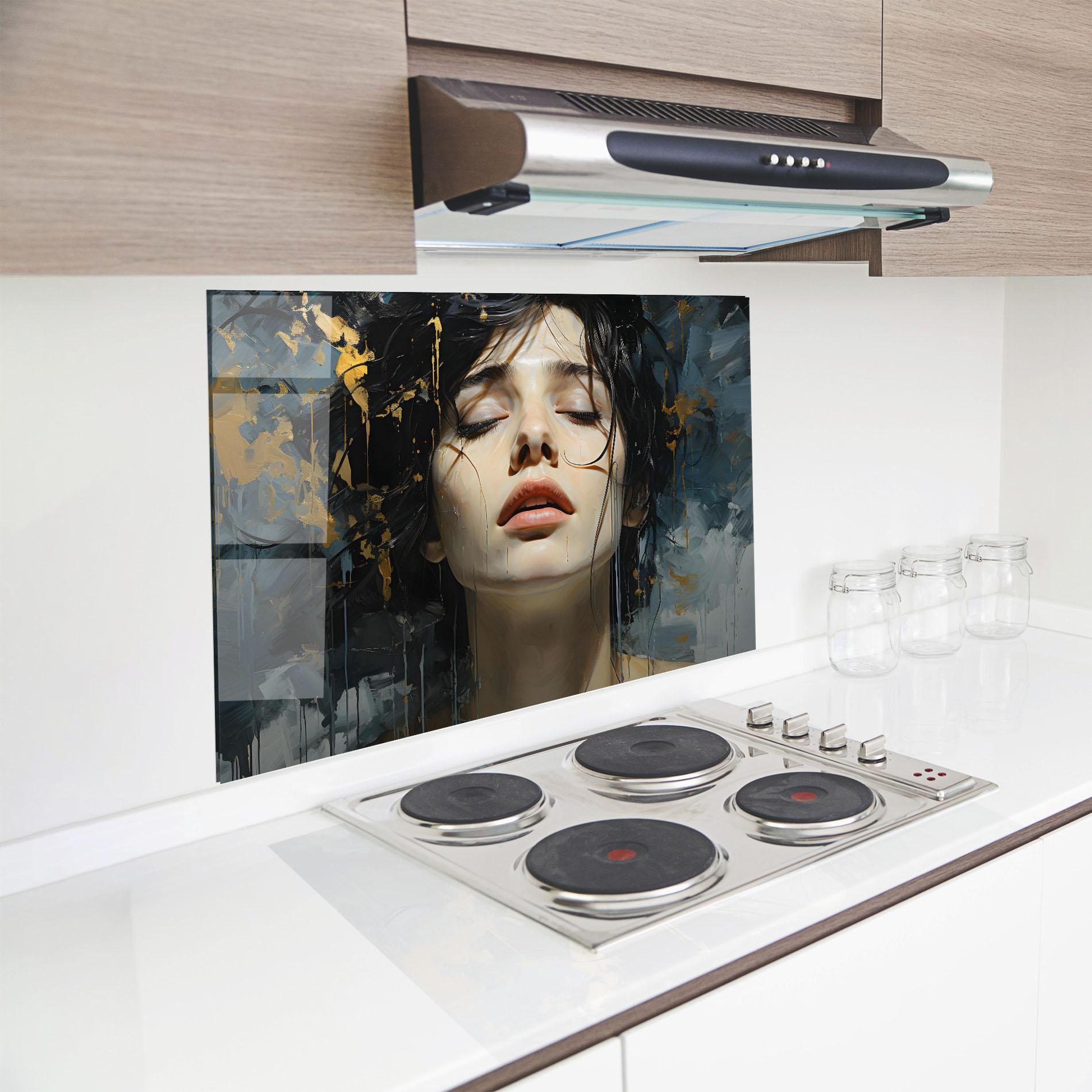 Küchenrückwand Glas Closed Eyes Woman mockup 8