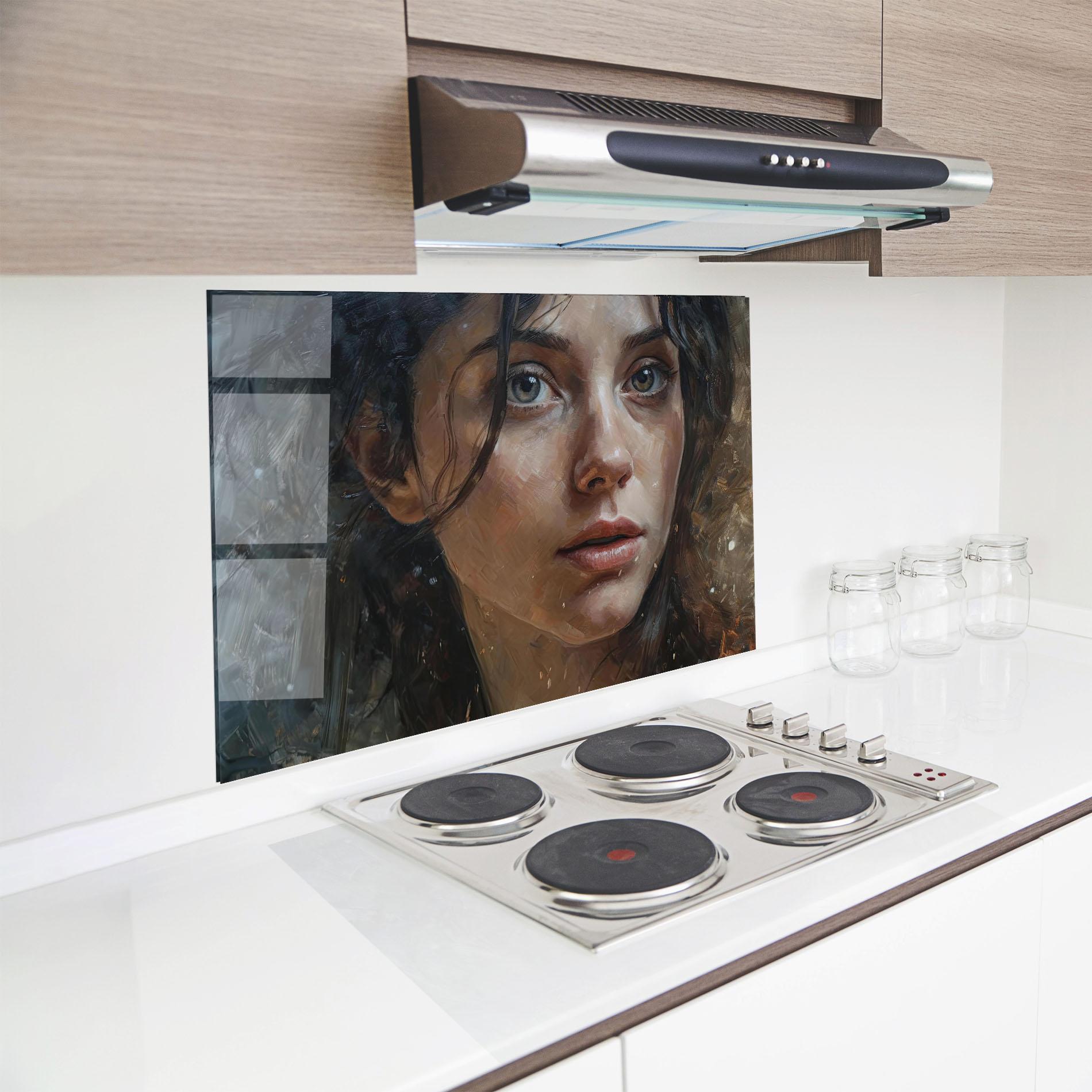 Küchenrückwand Glas Closeup Darkhaired Woman mockup 8