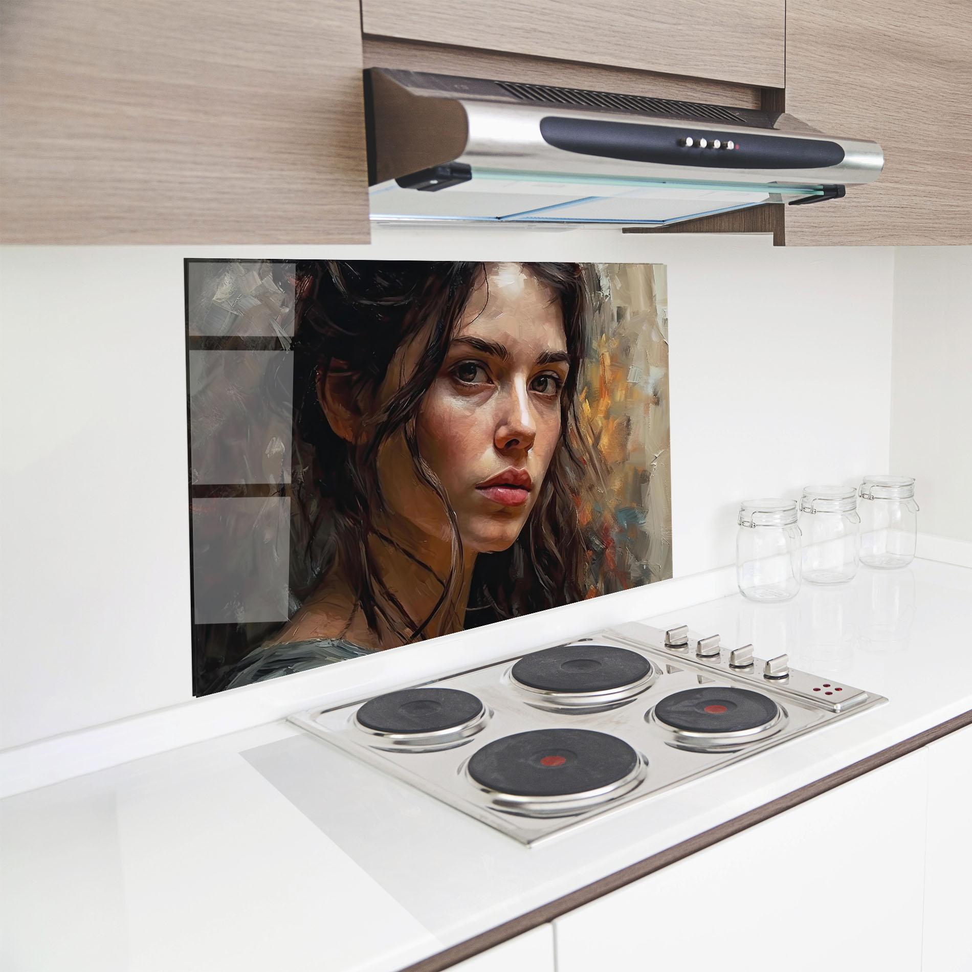 Küchenrückwand Glas Closeup Impasto Portrait mockup 8