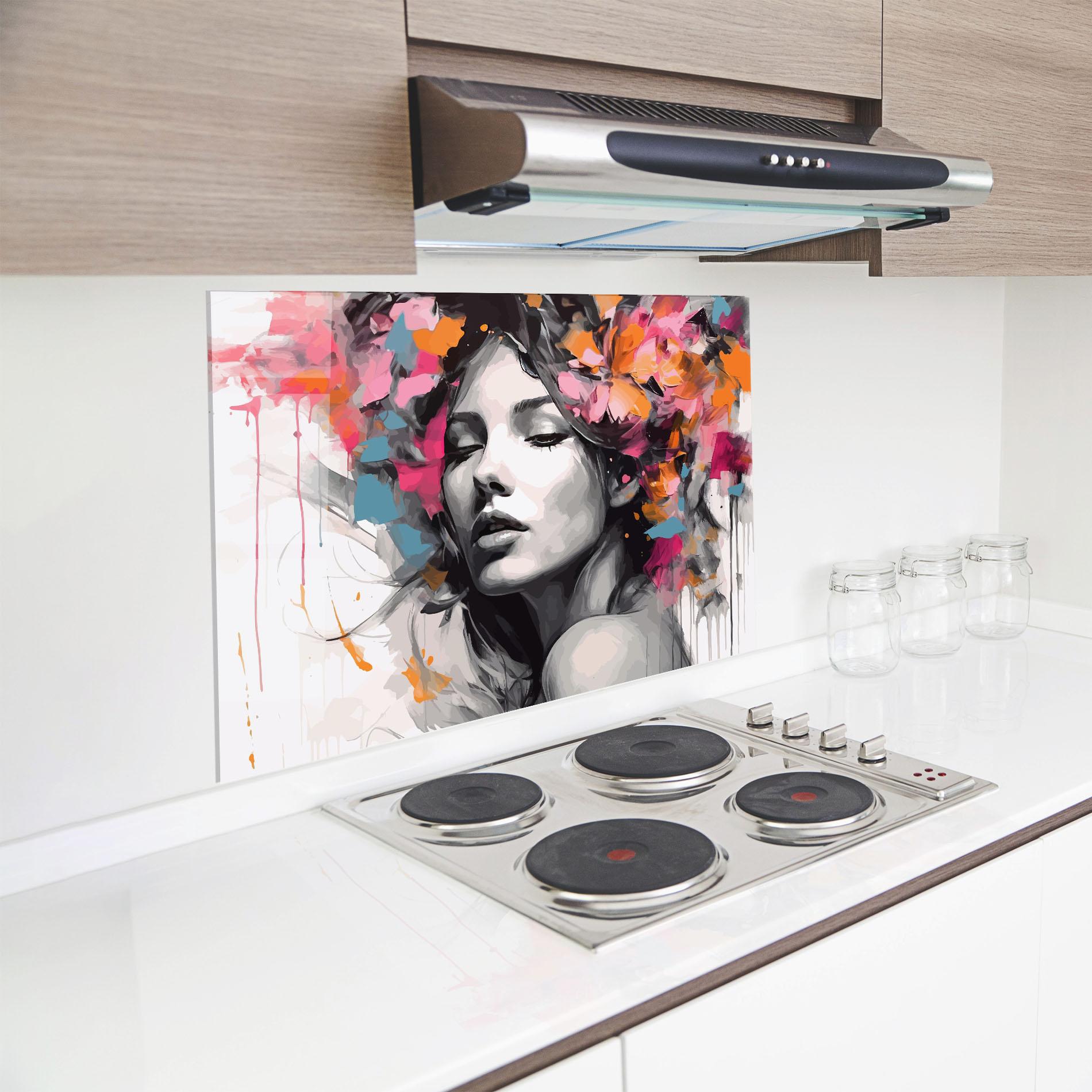 Küchenrückwand Glas Colorful Flower Portrait mockup 8