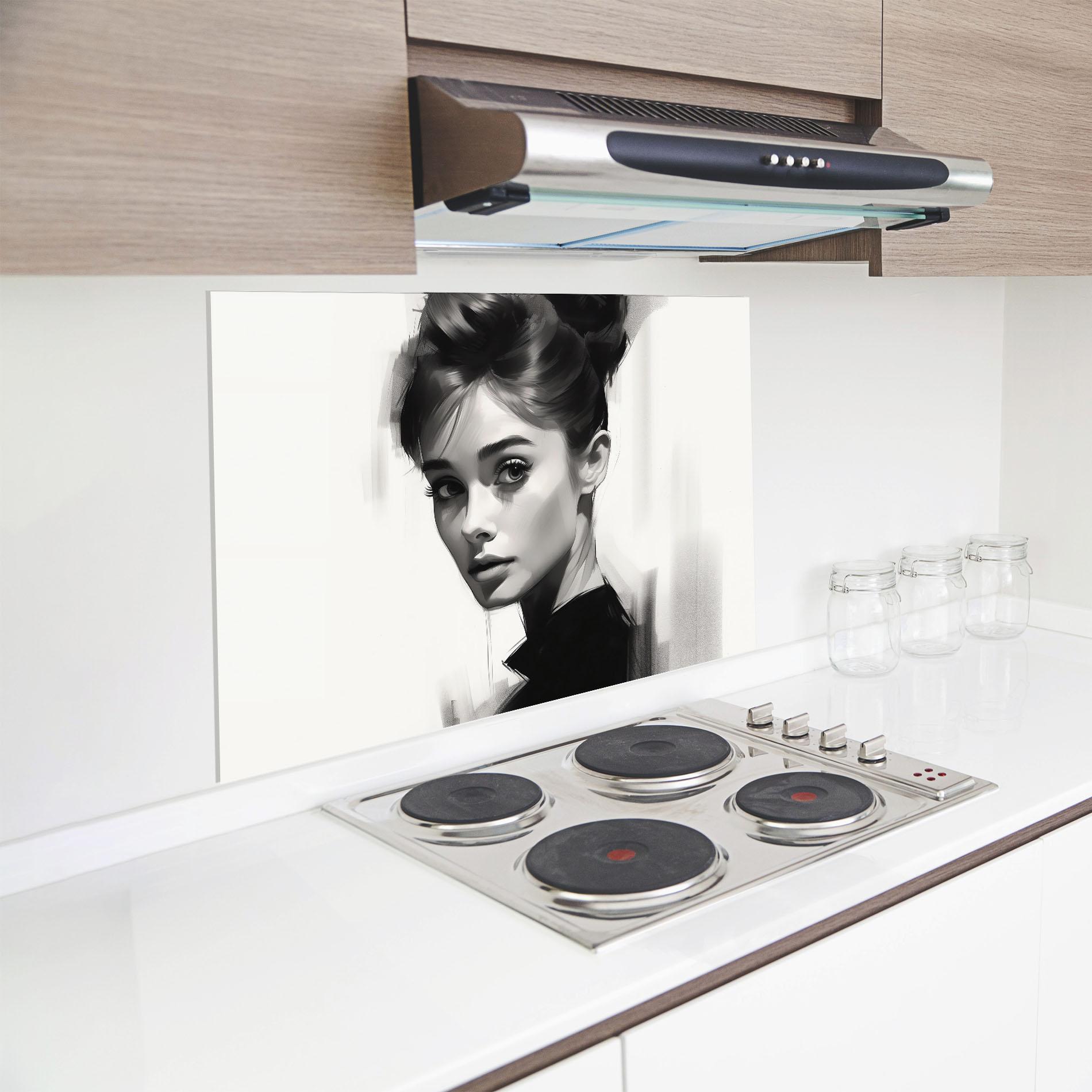 Küchenrückwand Glas Hepburn Portrait mockup 8