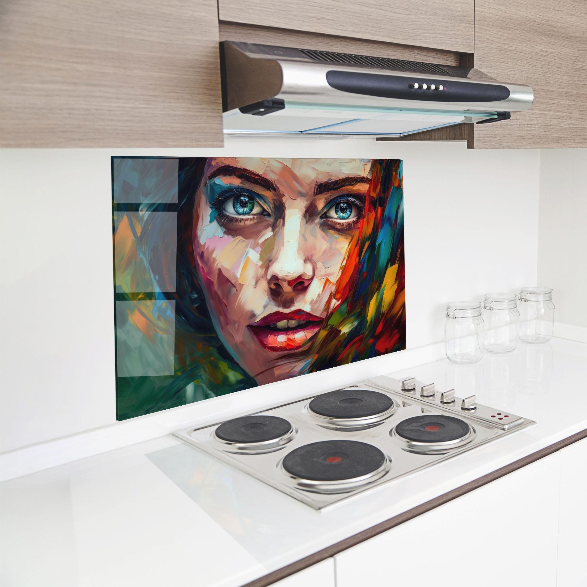 Küchenrückwand Glas Intense Blue Eyes Woman mockup 8