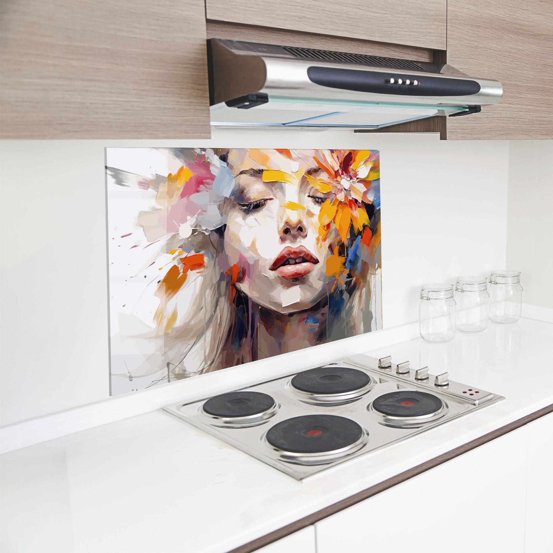 Küchenrückwand Glas Oil Flower Portrait mockup 8