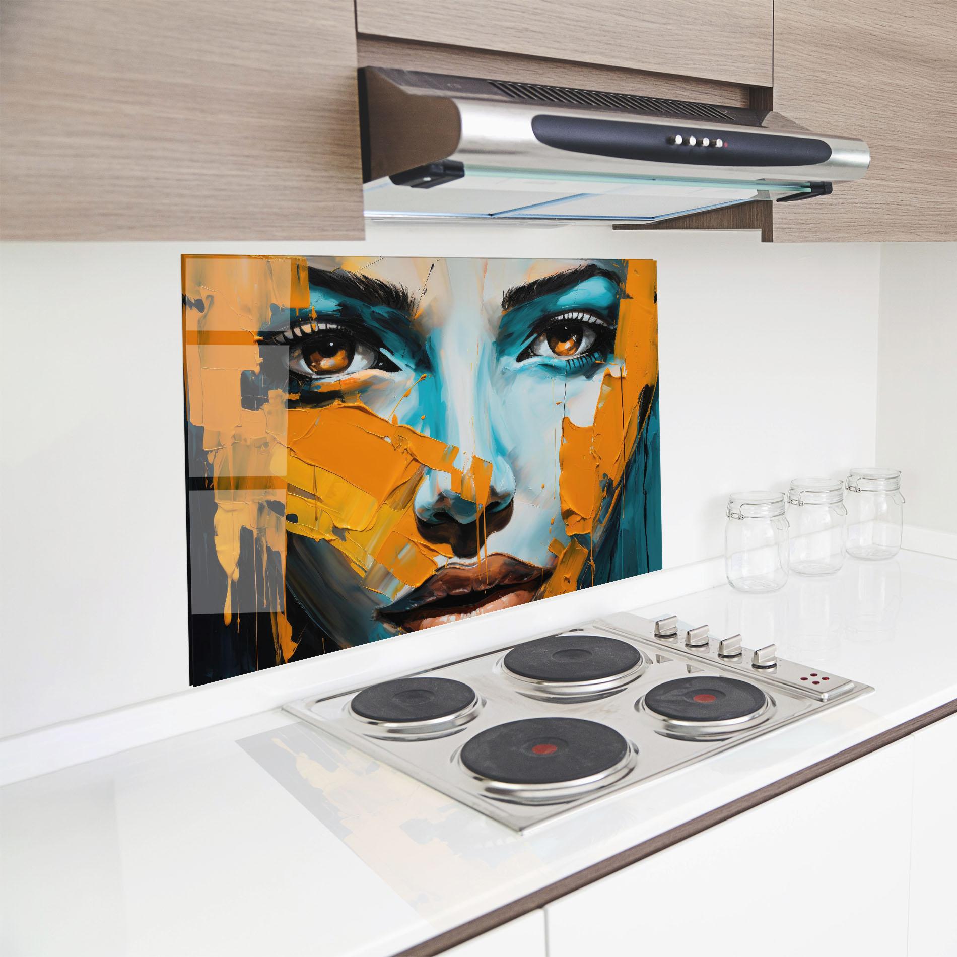 Küchenrückwand Glas Orange Paint Portrait mockup 8