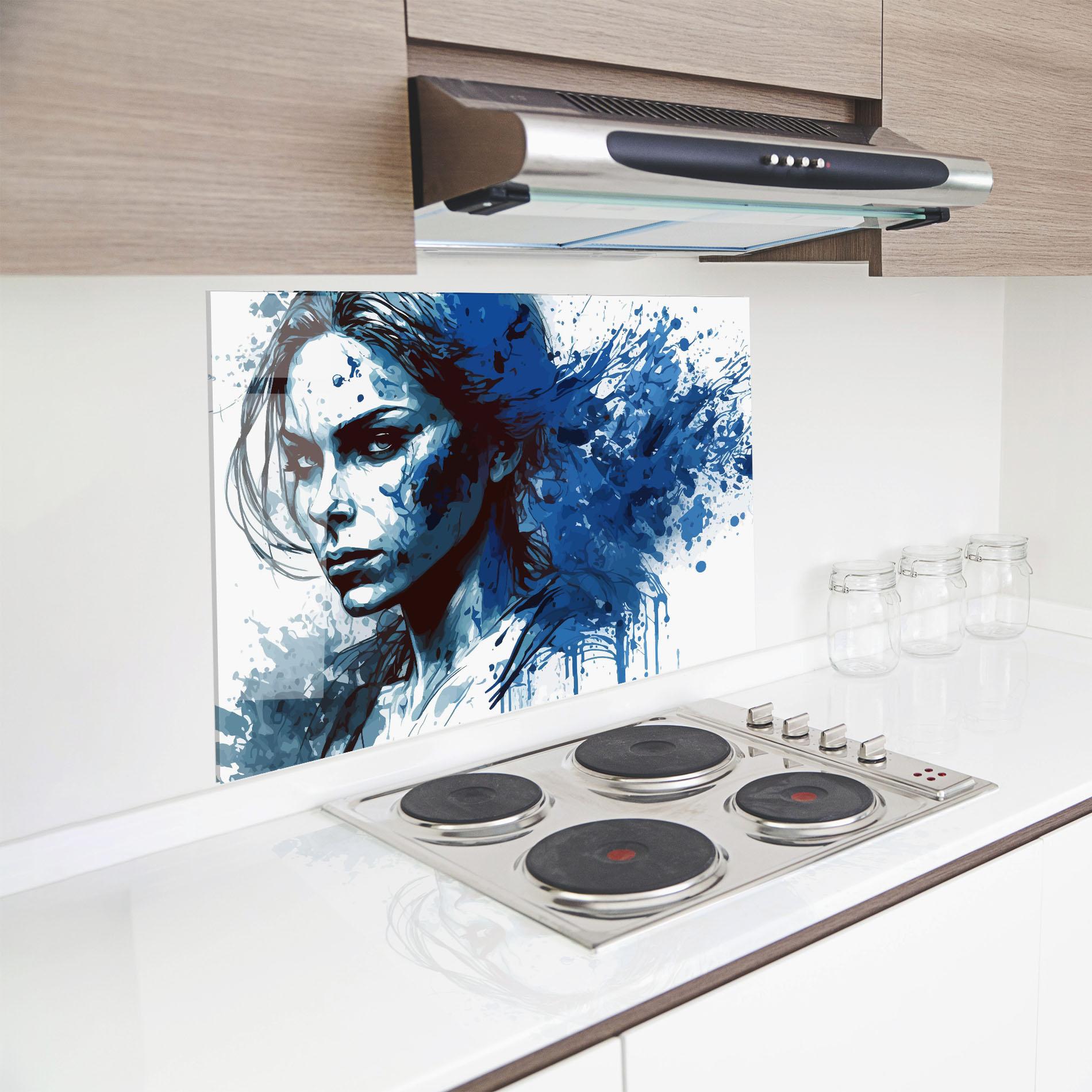 Küchenrückwand Glas Portrait Blue Woman mockup 8